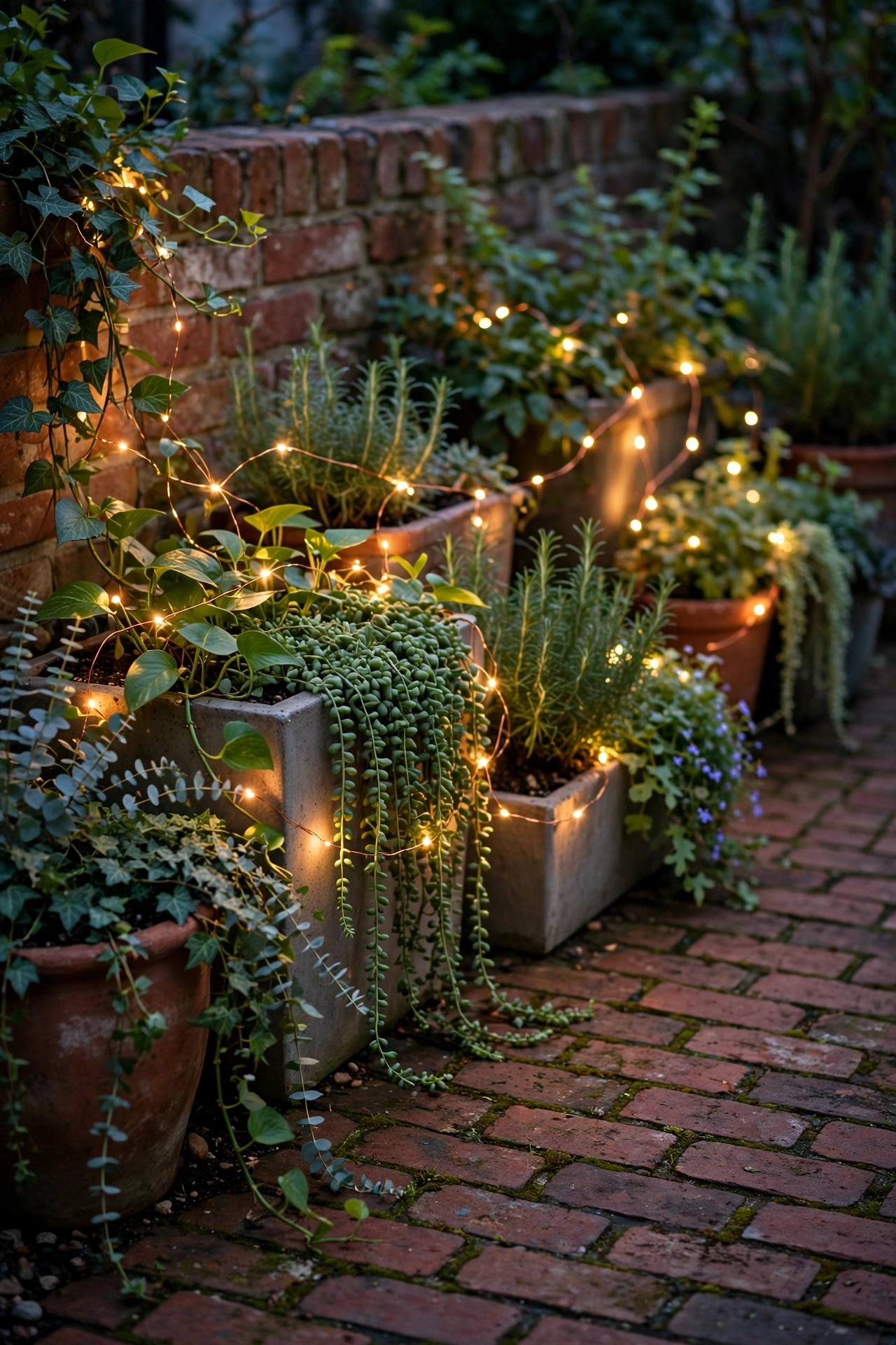 Copper-wire fairy lights twinkling through planters and trailing greenery along a brick patio