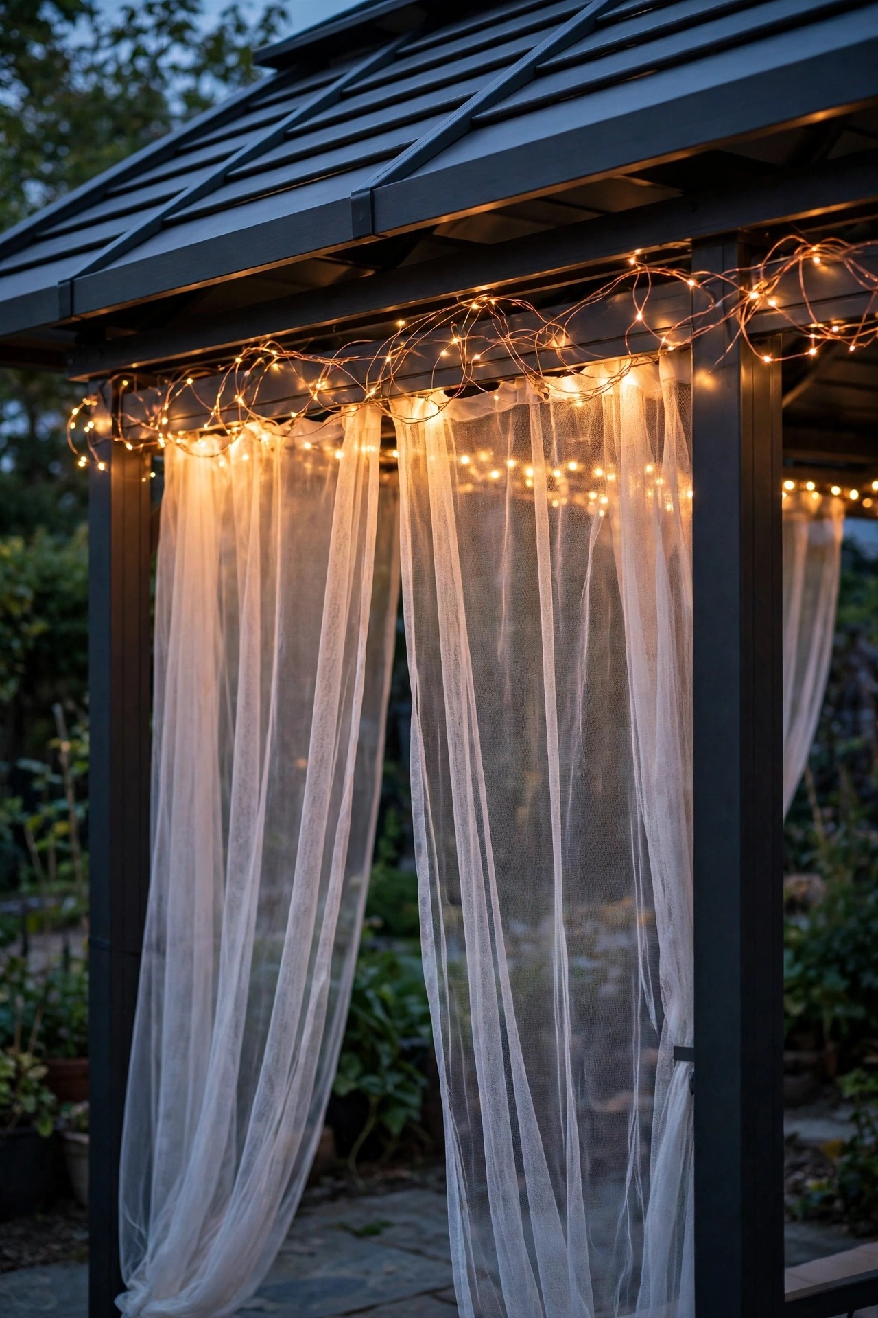 Copper-wire fairy lights woven along the curtain rail of a hardtop gazebo, soft halo glow above sheer net panels