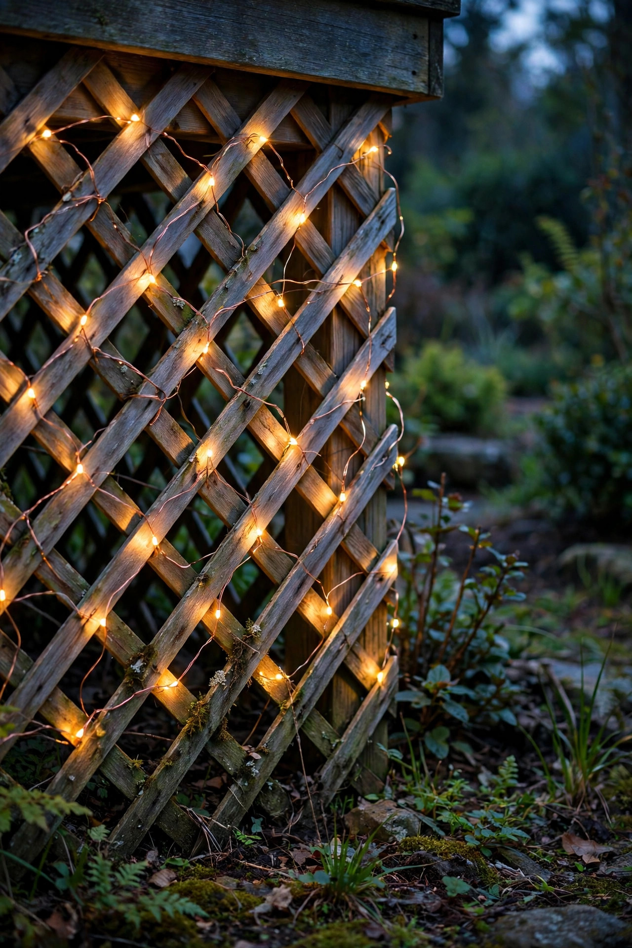 Copper wire fairy lights woven through lattice deck skirting twinkling at dusk