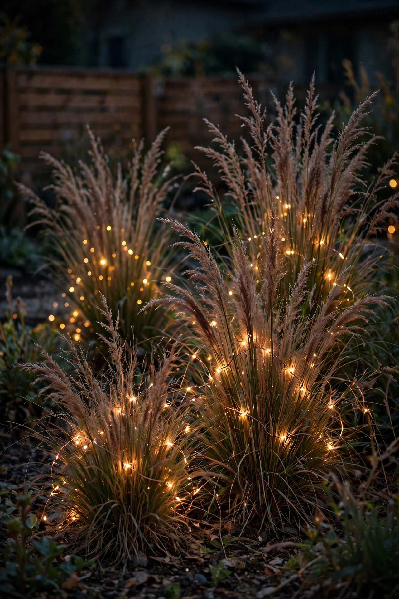 Ornamental grass clumps sparkling with woven fairy string lights at night