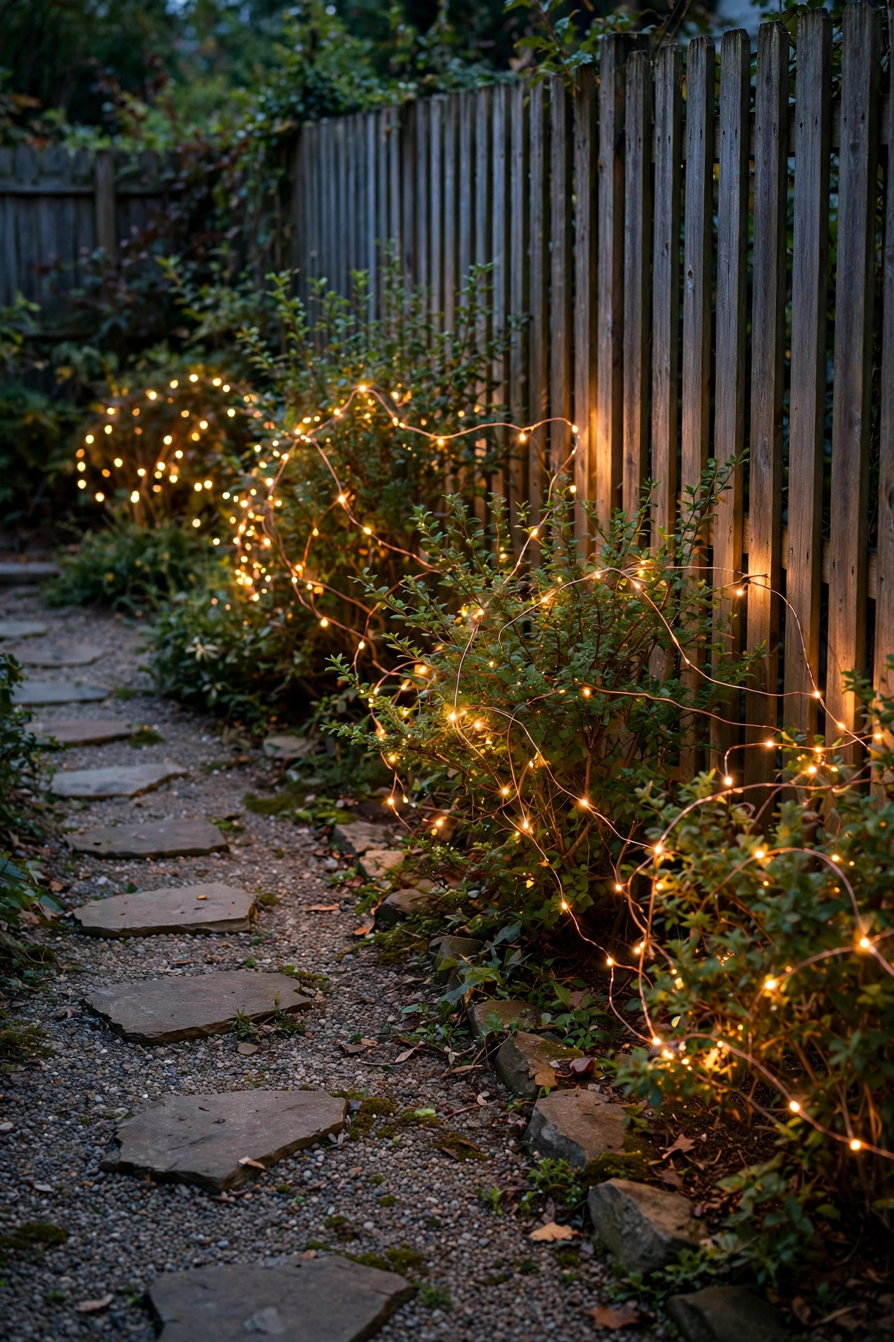 Copper-wire fairy lights woven through shrubs along a fence beside a gravel and stepping stone side yard path