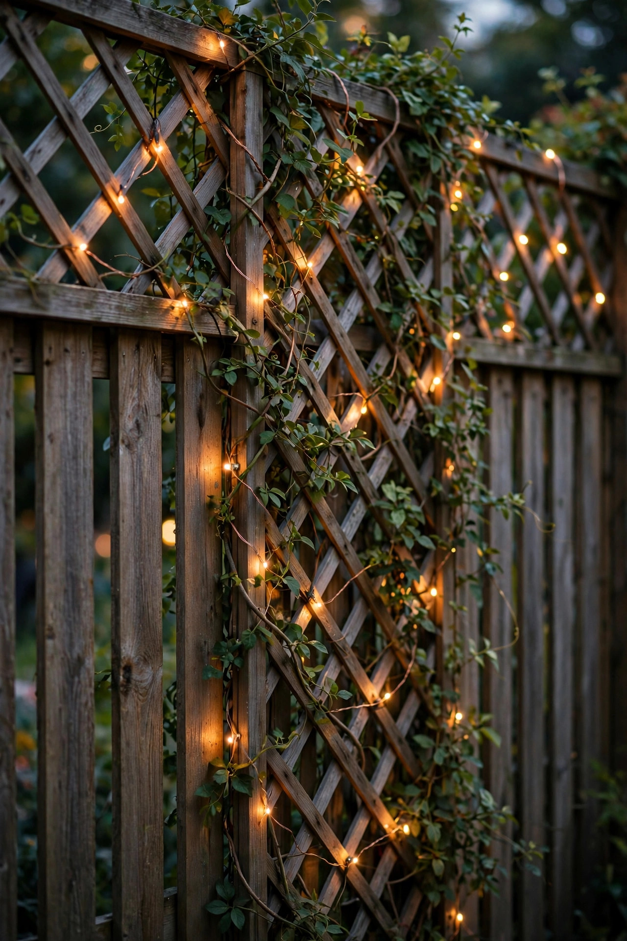 Copper-wire fairy lights woven through a trellis and climbing vines on a privacy fence