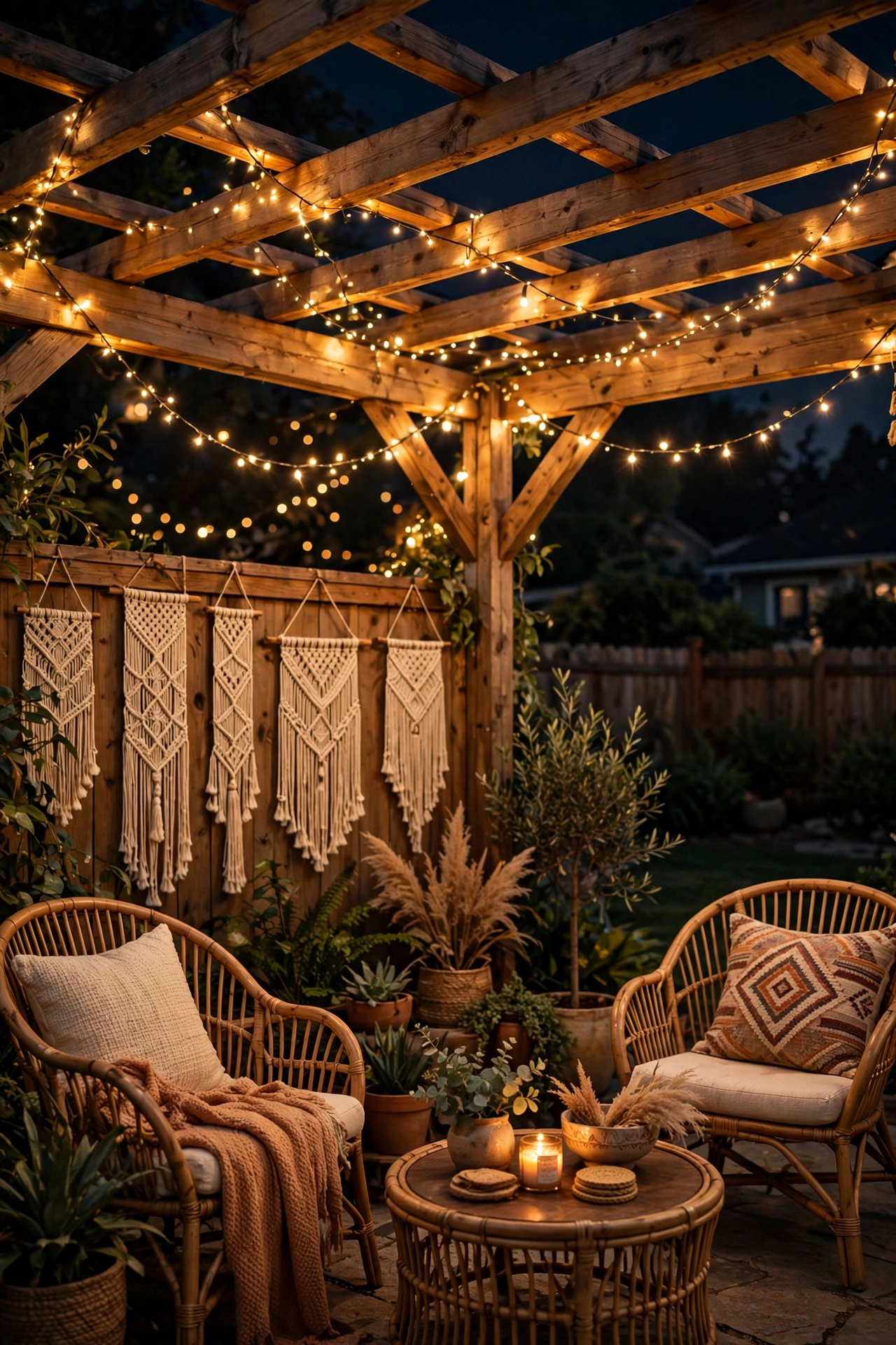 Warm fairy lights woven through wooden pergola rafters above a boho patio