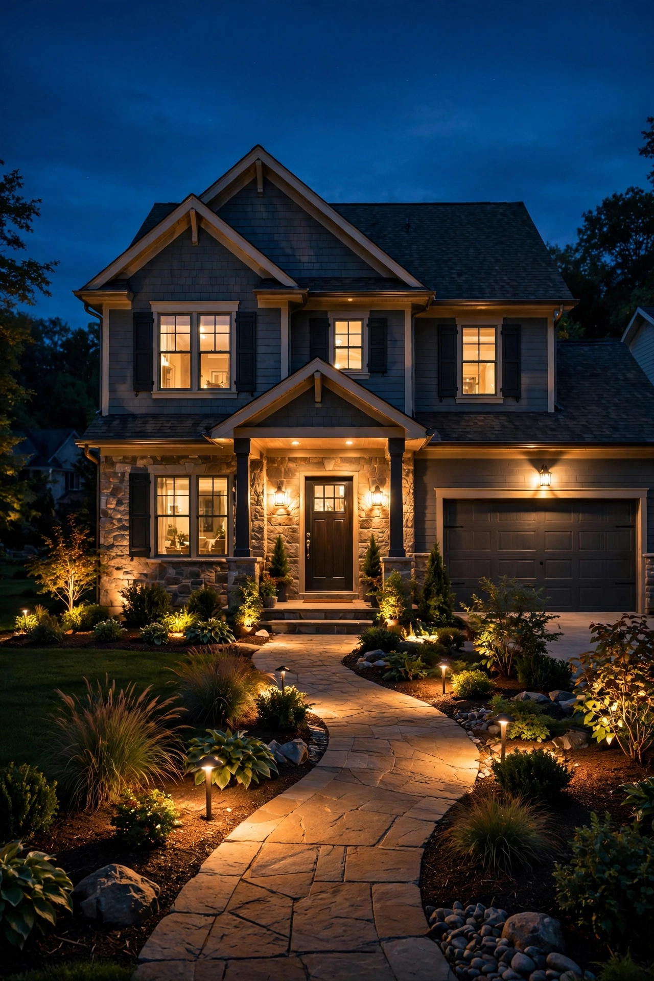Beautifully lit home exterior at night with warm landscape lighting, answering common cost questions