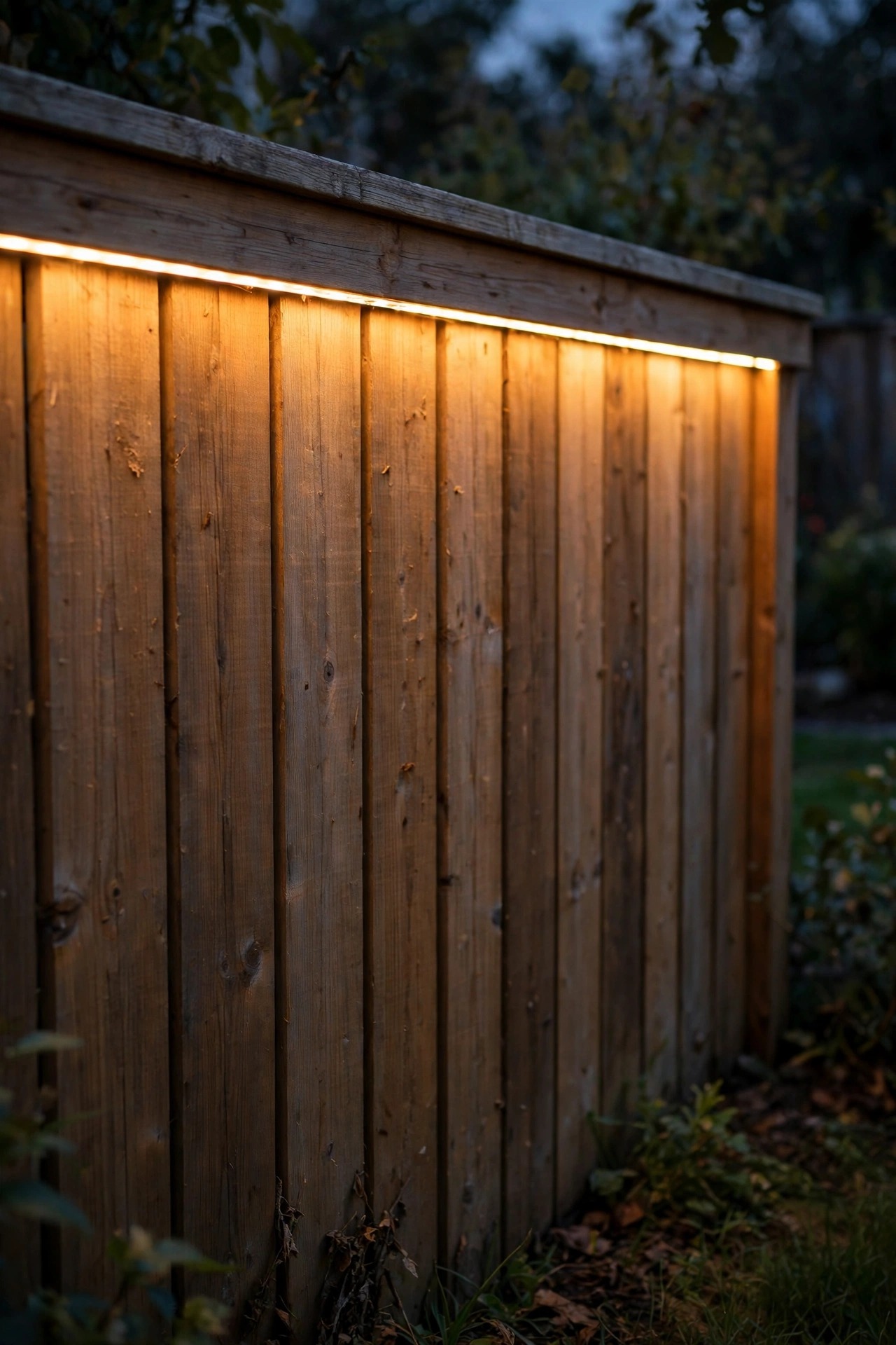 Waterproof LED strip hidden under a fence cap rail casting a continuous ribbon of warm light down the fence boards