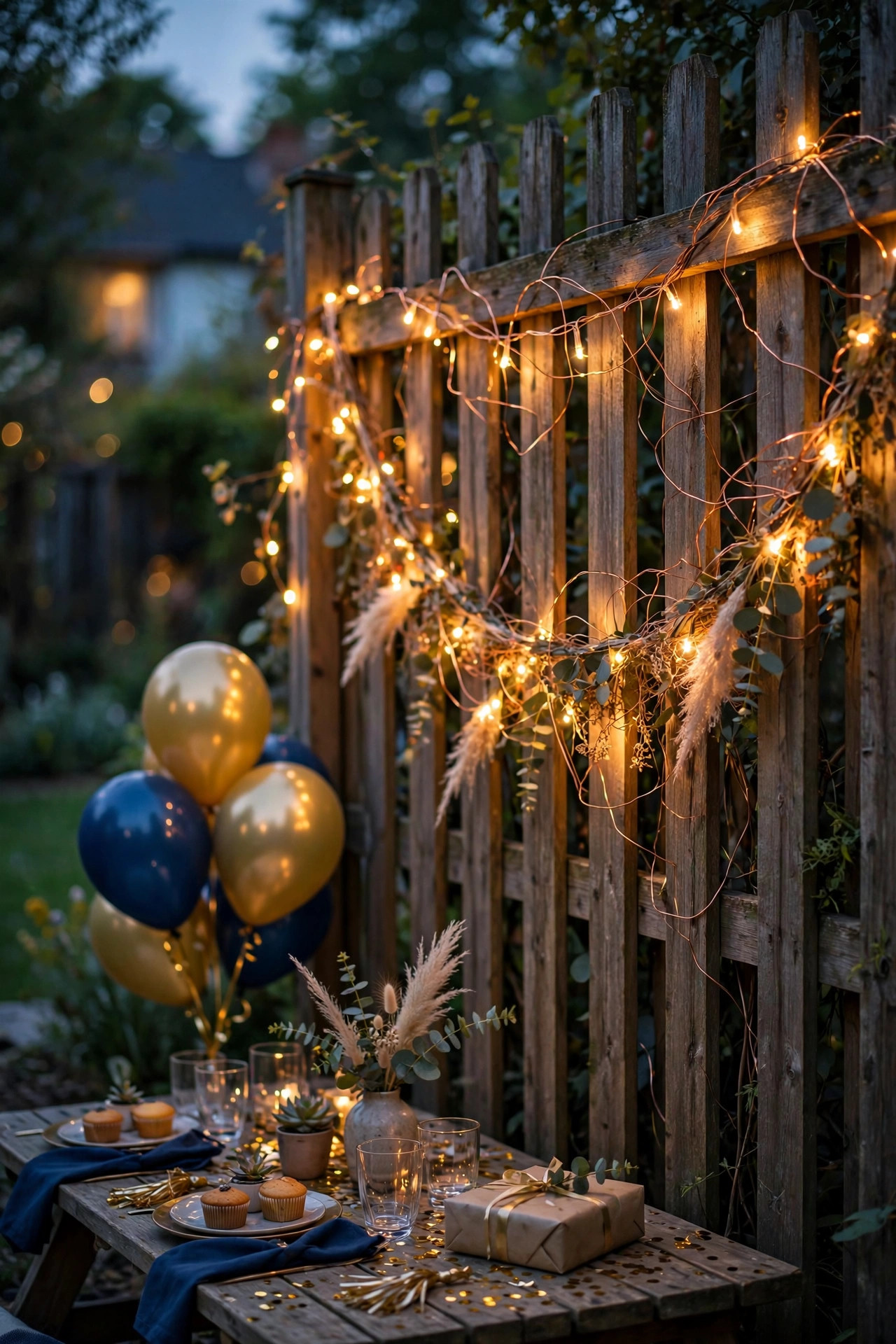 Copper wire fairy lights woven along a backyard fence at a graduation party at dusk