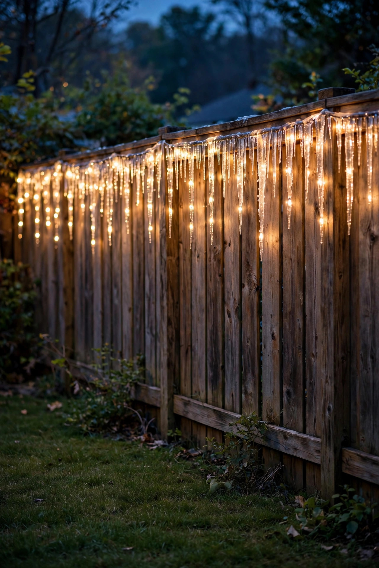 Icicle lights tracing the top rail of a wooden backyard fence above a lawn at dusk