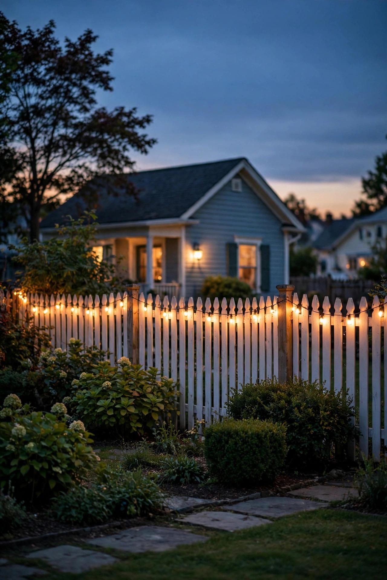 Warm lights glowing along a front-yard fence line at dusk, marking the full width of a small home's lot