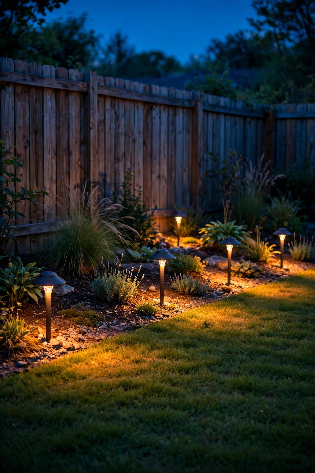Low hooded path lights set inside a garden bed a few feet back from a wooden fence, warm light pooling inward on the lawn