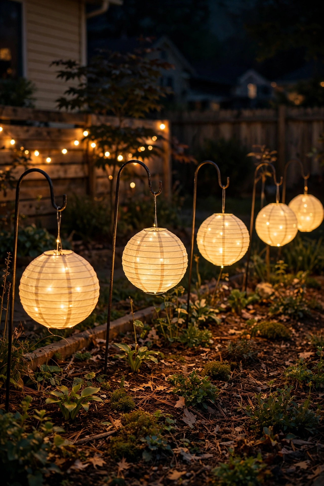 Round paper festival lanterns glowing on shepherd's hooks along a garden bed