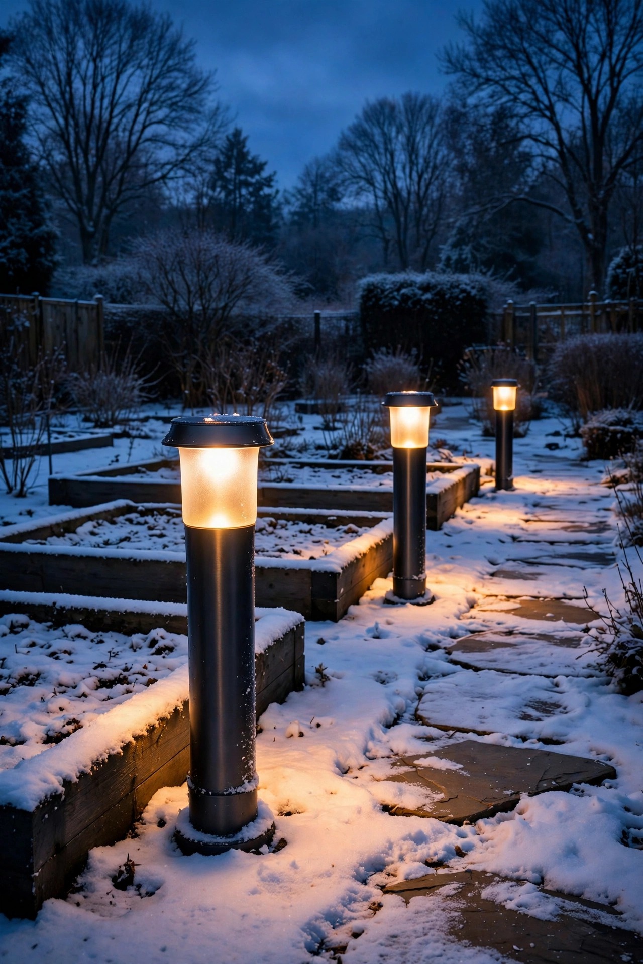 A few large high-quality solar bollard lights glowing strongly along a winter path while empty garden beds rest dark under snow