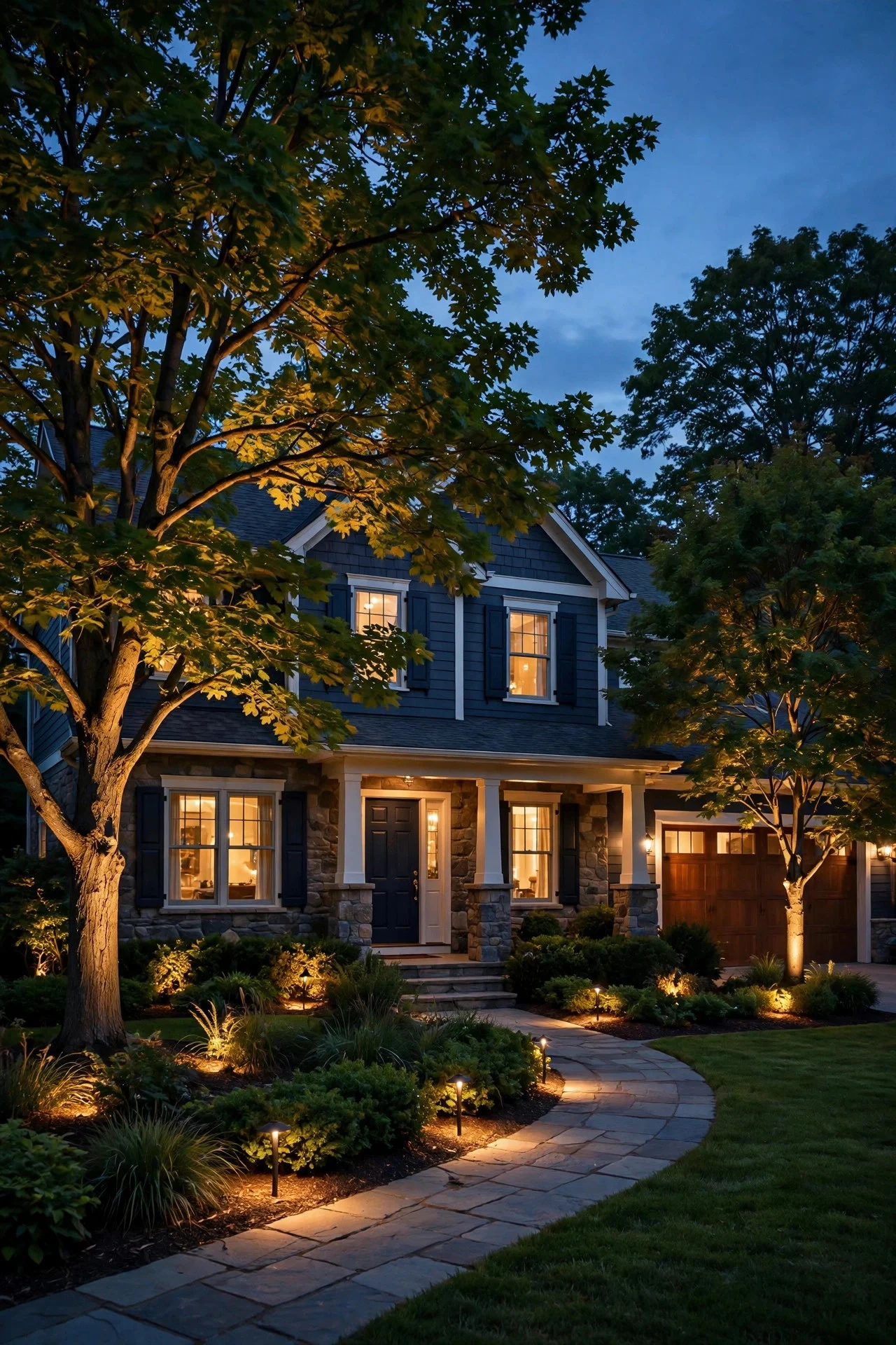 Beautiful suburban home exterior at dusk with multiple trees warmly uplit, glowing landscape lighting across the front yard
