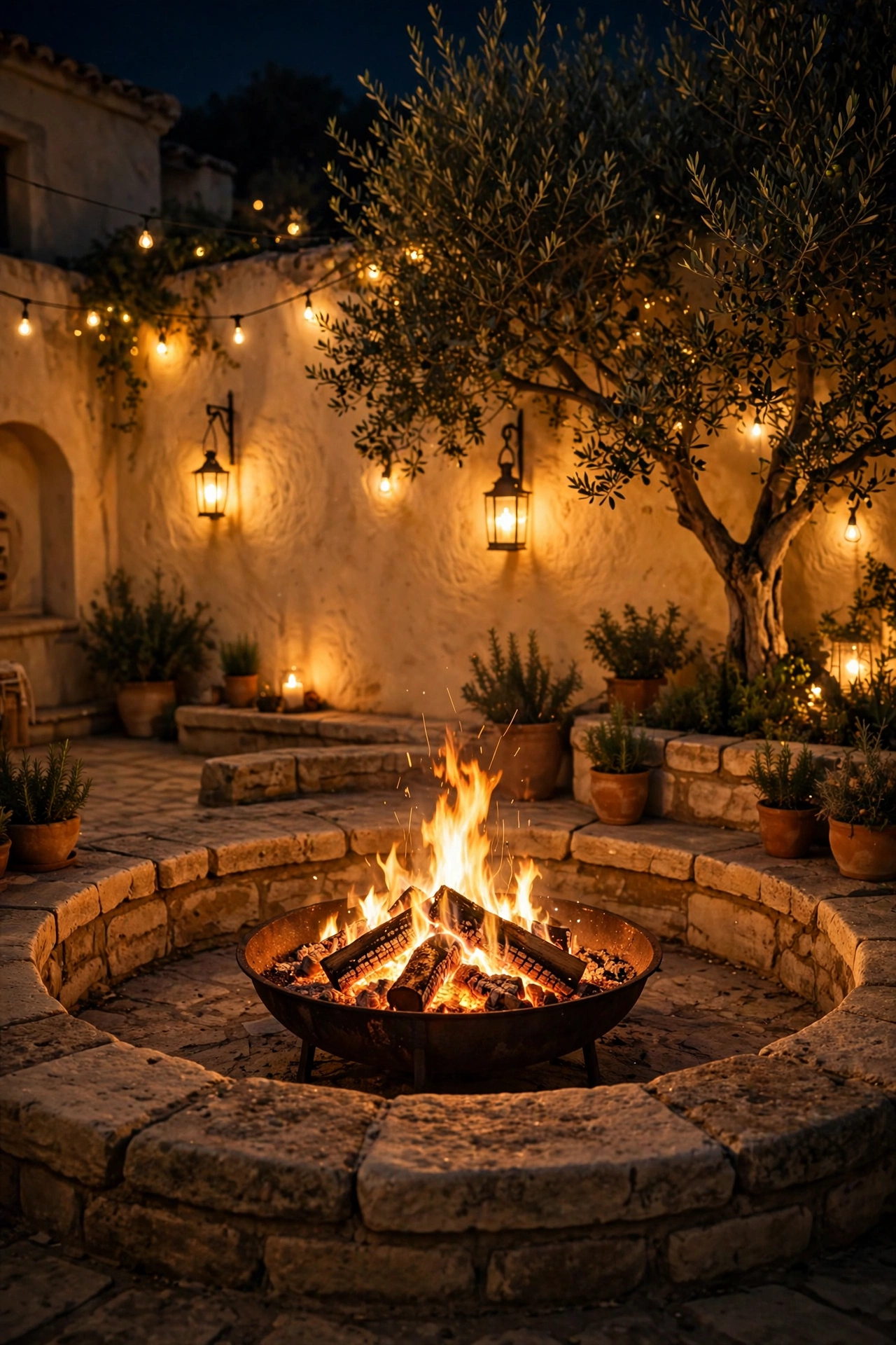 Fire bowl glowing in a Mediterranean courtyard surrounded by warm lantern light