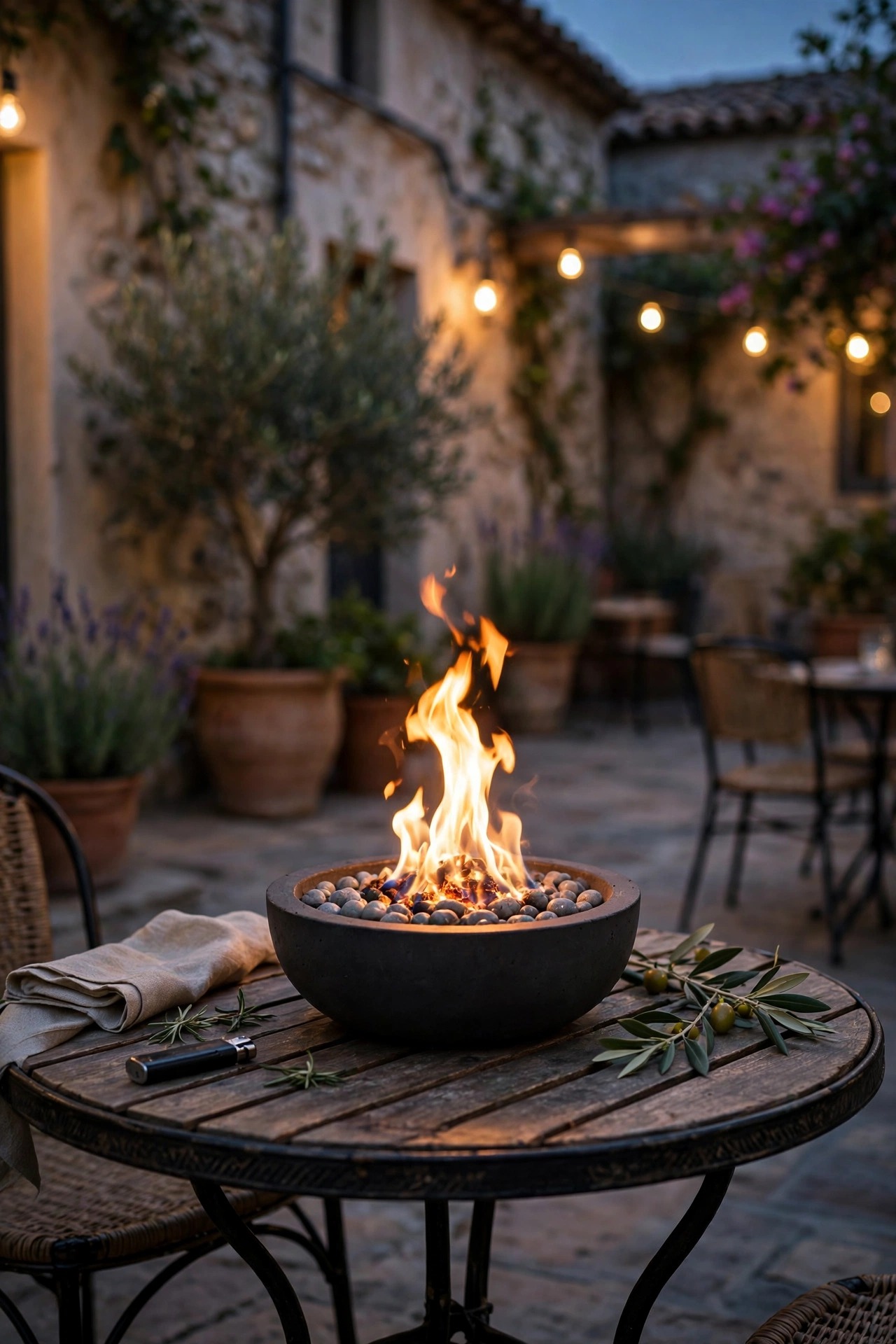 Small tabletop fire bowl with a real flame glowing on a courtyard bistro table at dusk