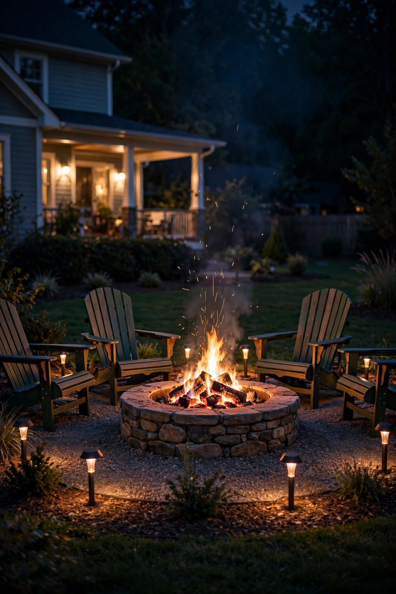 Low glowing accent lights ringing a backyard fire pit seating area at night
