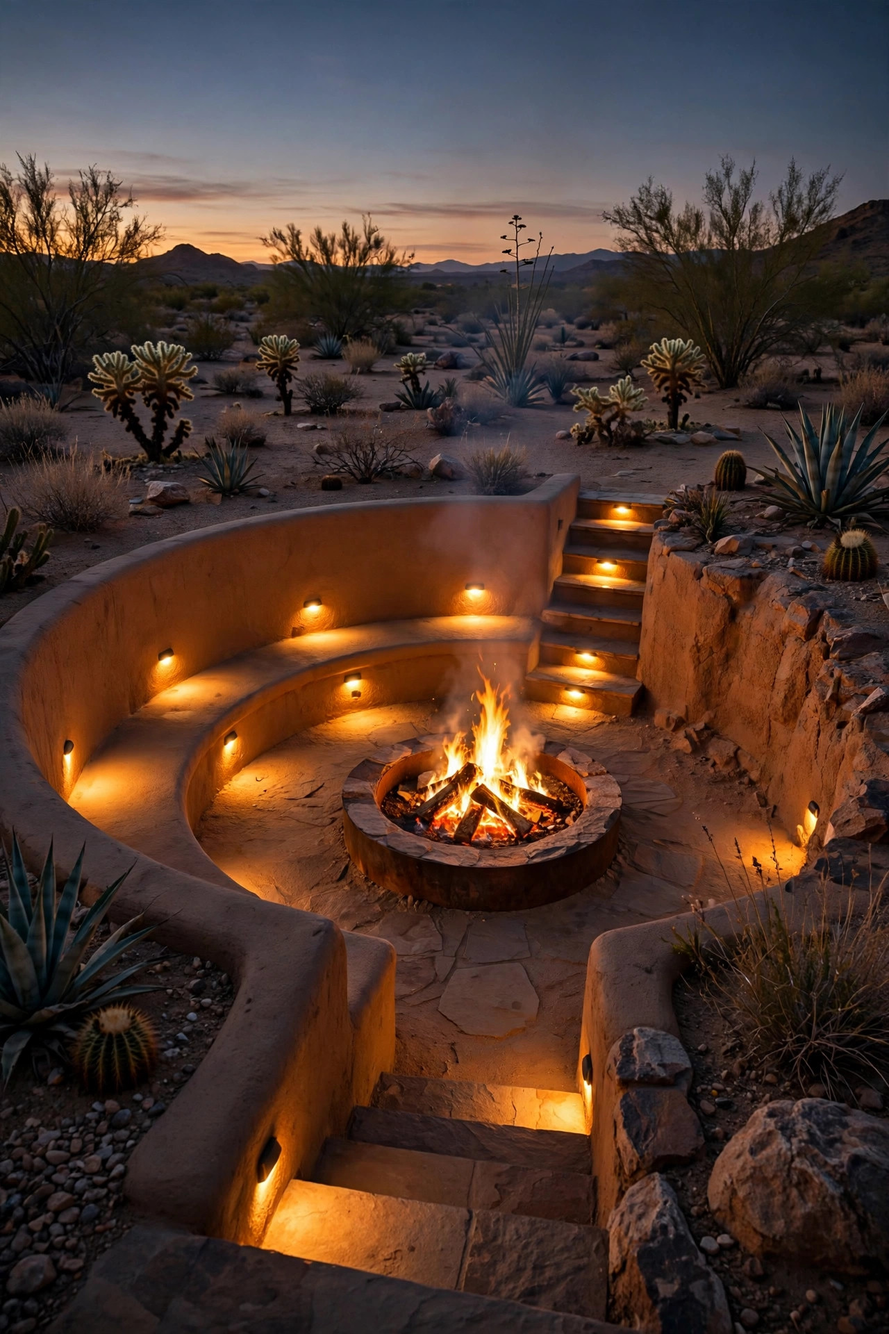 Sunken desert fire pit with recessed step lights glowing in the curved seat wall and flames in the center at night