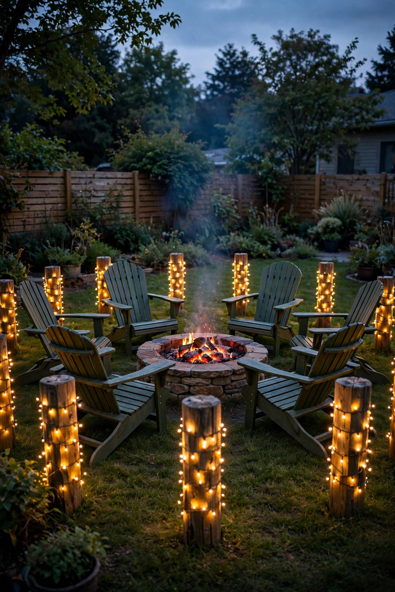 Fire pit seating circle ringed with wooden posts wrapped in warm fairy lights