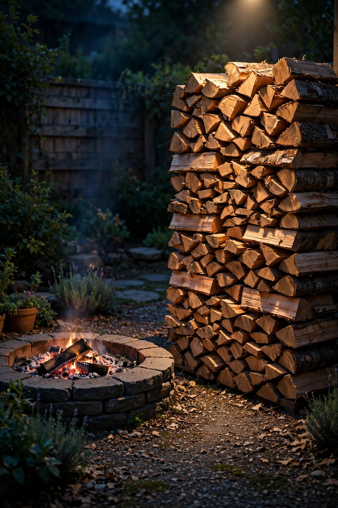 Neatly stacked firewood pile softly spotlighted at night beside a backyard fire pit area