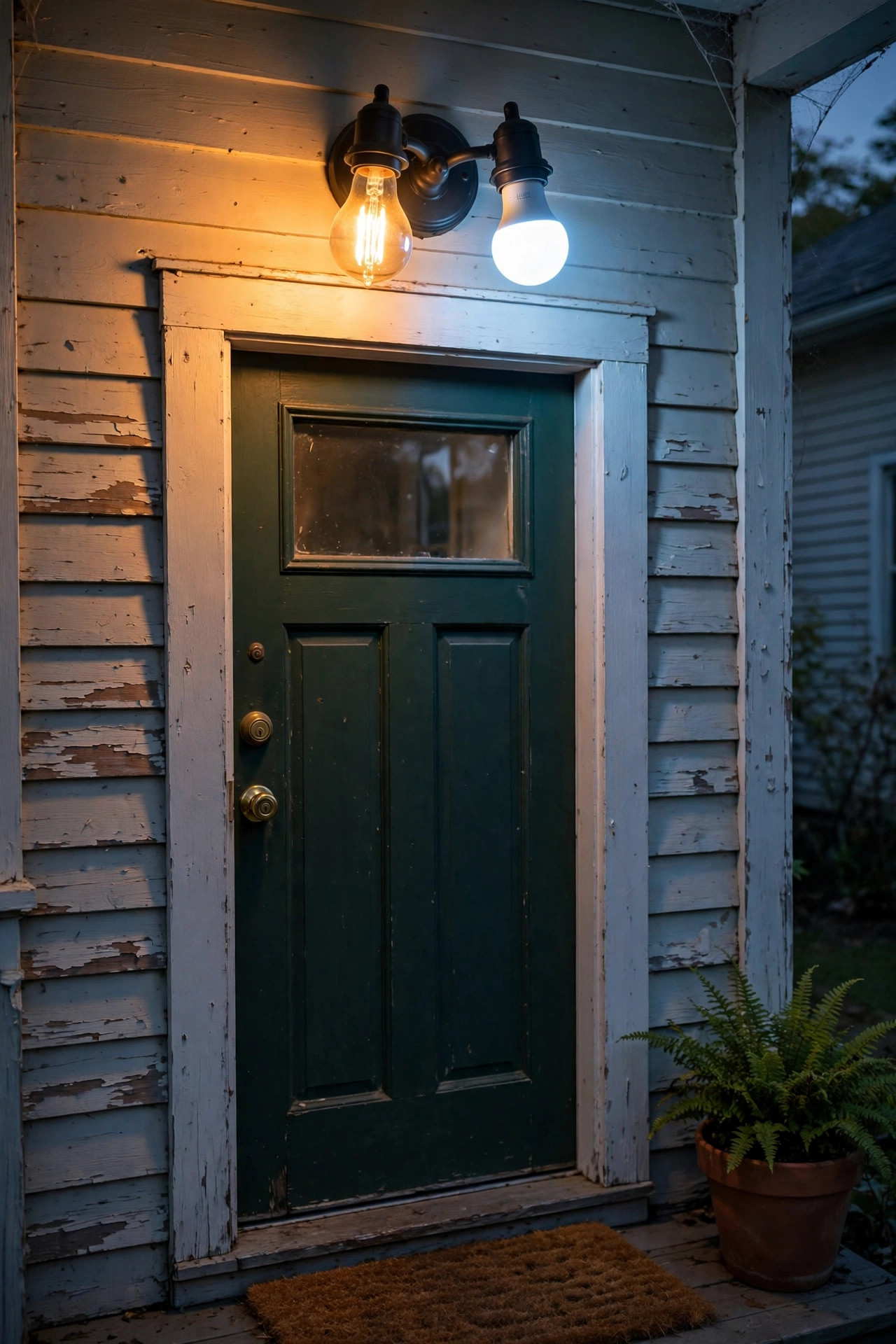 Mismatched porch light bulbs showing warm and cool color temperatures side by side as a common lighting mistake