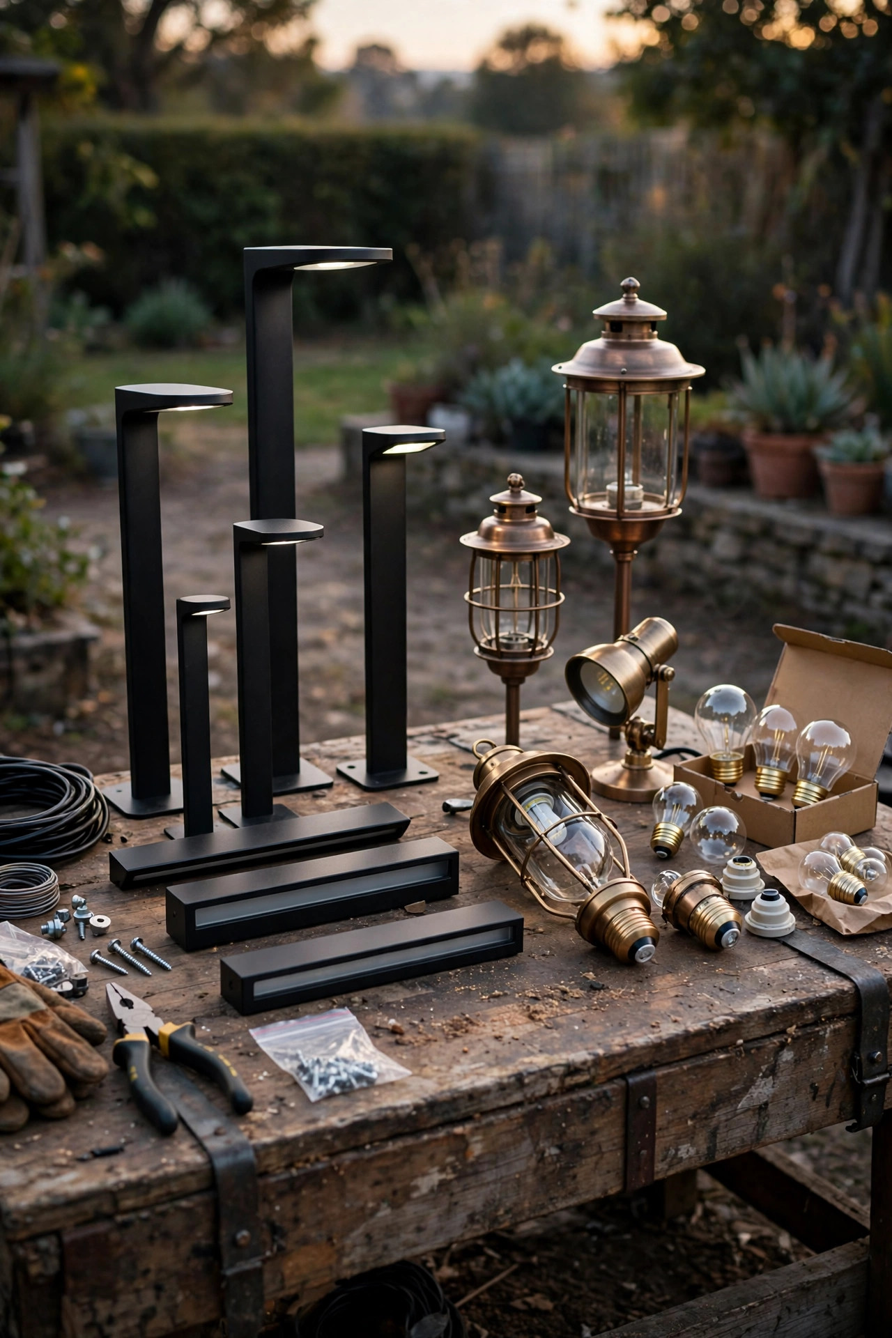 Assortment of new landscape lighting fixtures and LED lamps arranged on a workbench, comparing the upfront cost of integrated LED and replaceable bulb fixtures