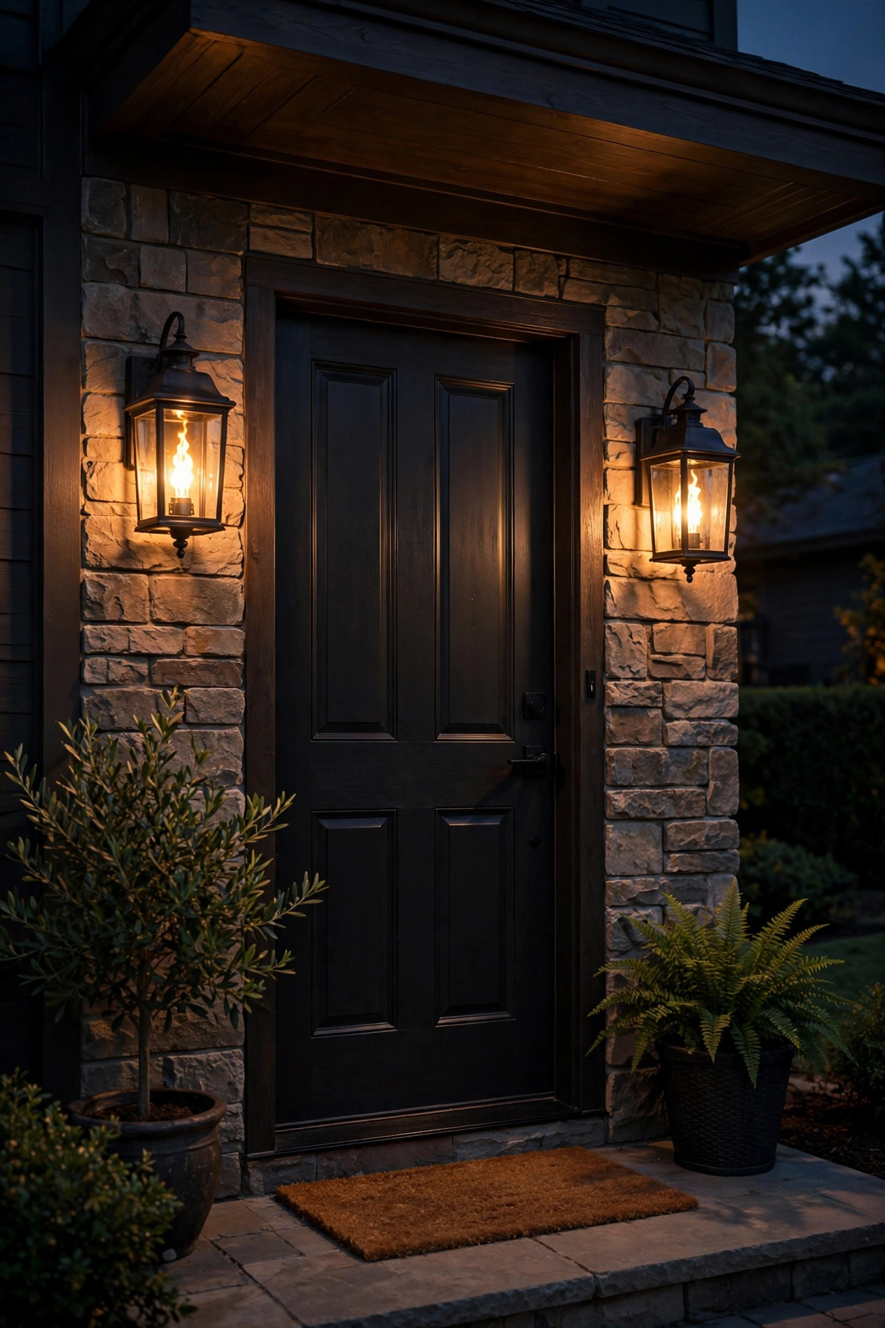 Lantern sconces with flickering flame-effect bulbs beside a black front door, warm dancing glow at night