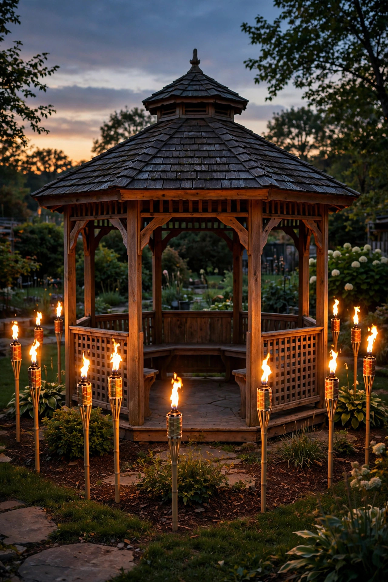 Flame-effect solar tiki torch stakes flickering around the outside of a gazebo