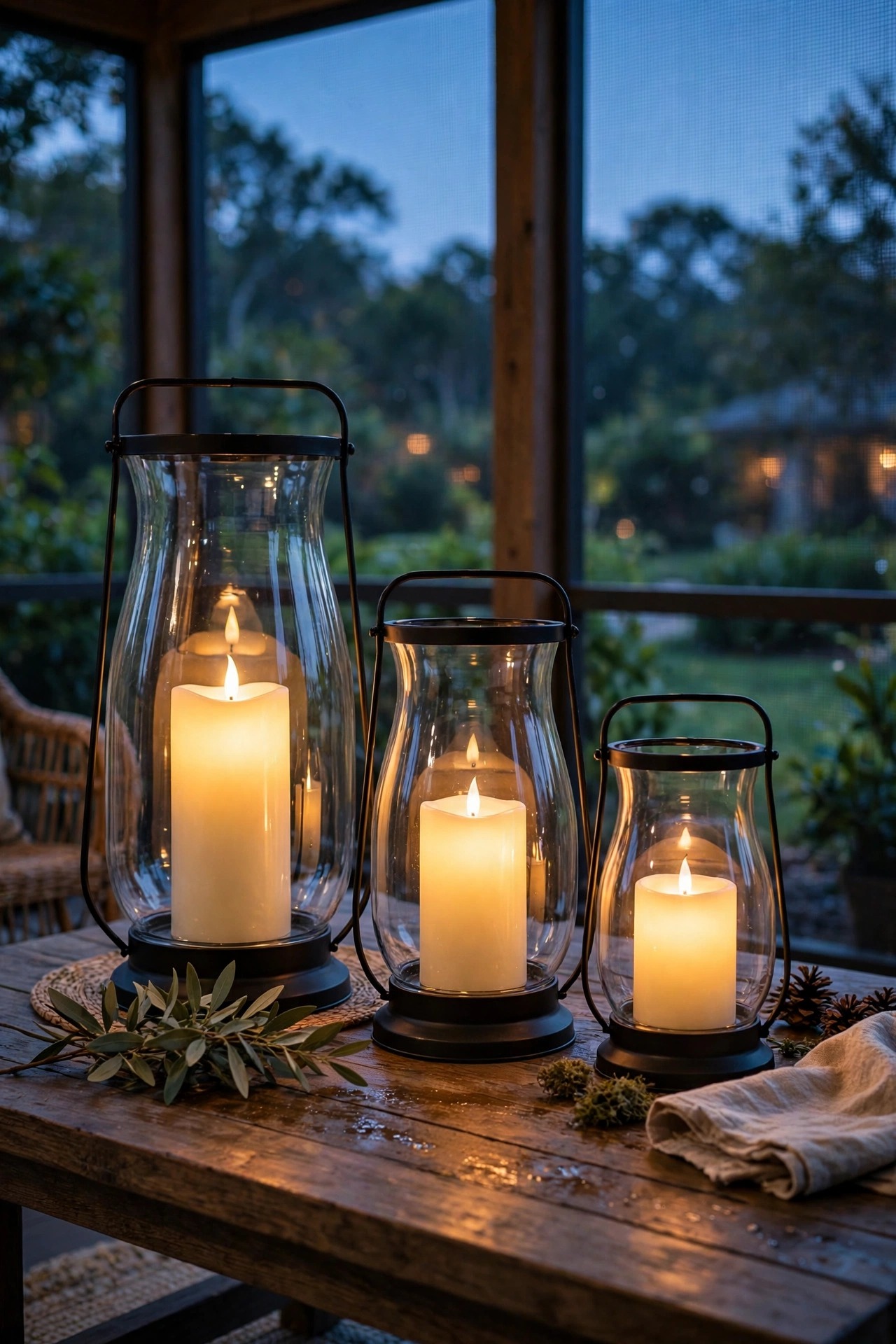 Flameless LED candles flickering inside glass hurricane lanterns on a screened porch coffee table