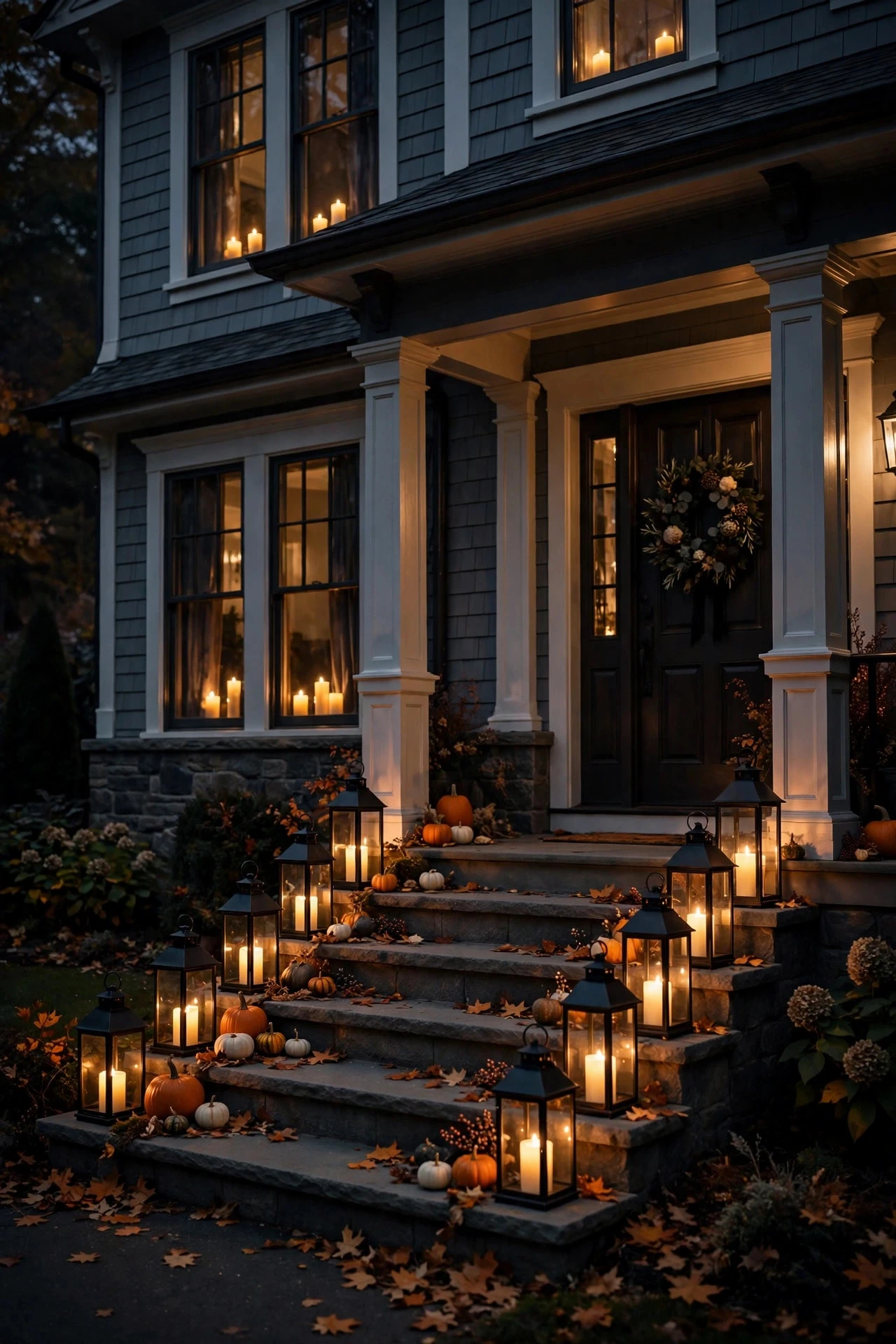 Flickering flameless candles glowing in windows and lanterns on porch steps at Halloween