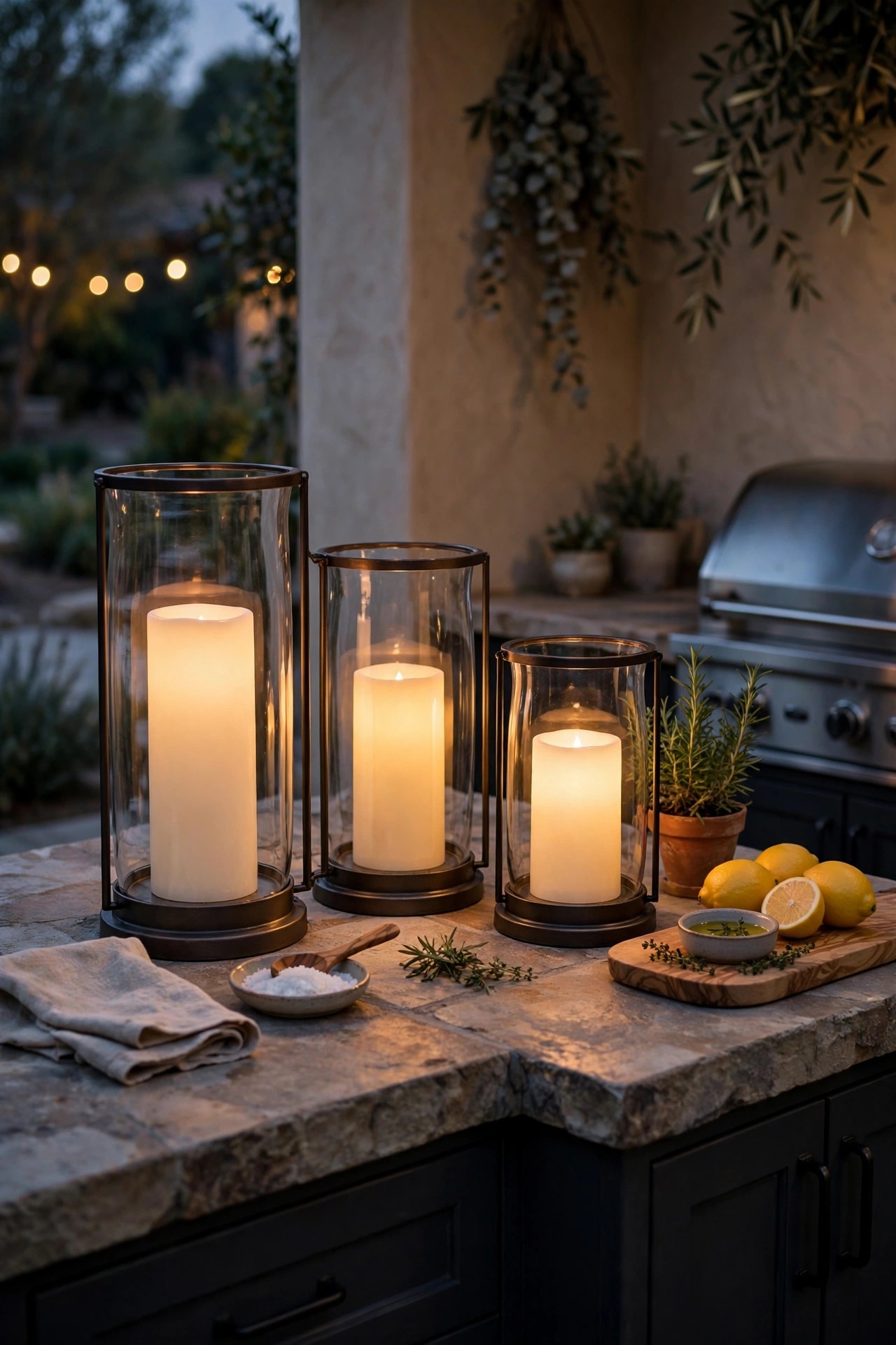 Cluster of flameless LED candles in glass hurricanes glowing on a corner balcony table at dusk