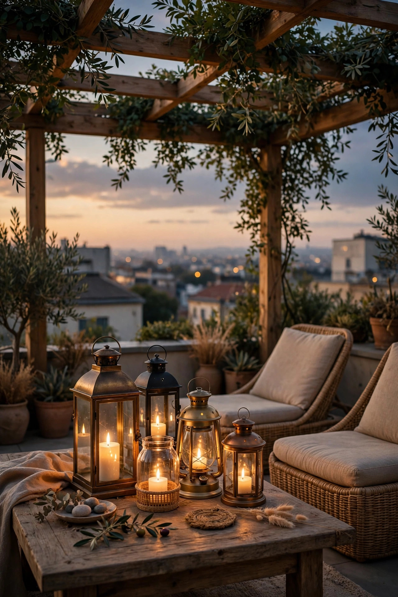 Flameless flickering lanterns grouped on a rooftop pergola table beside lounge chairs