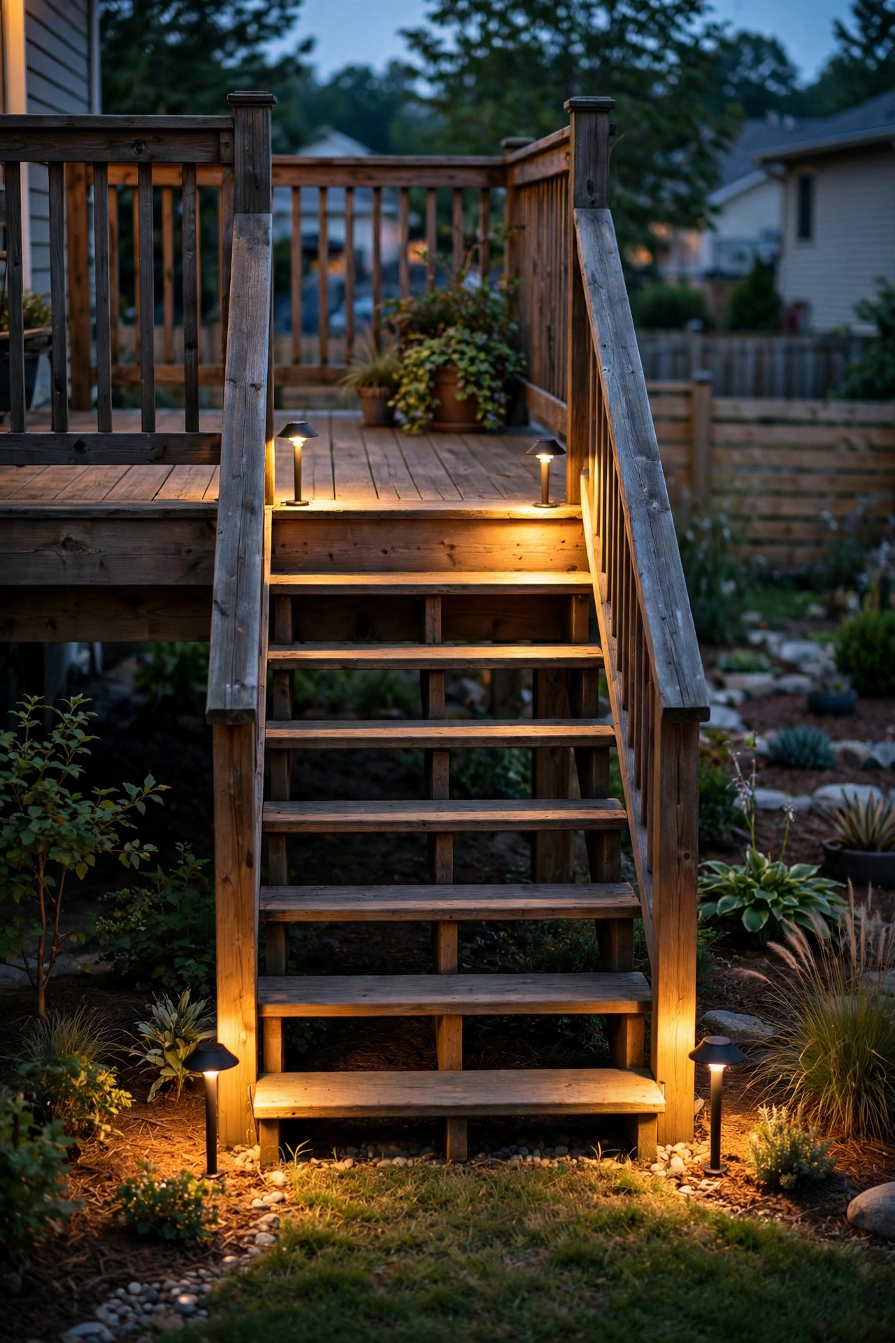 Low-voltage lights flanking the top and bottom of outdoor deck stairs