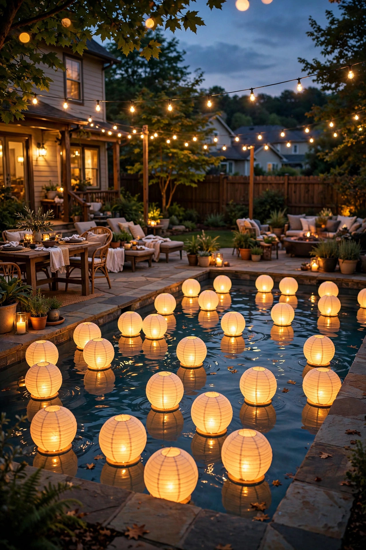 Floating lanterns glowing on a pool surface during an evening backyard party
