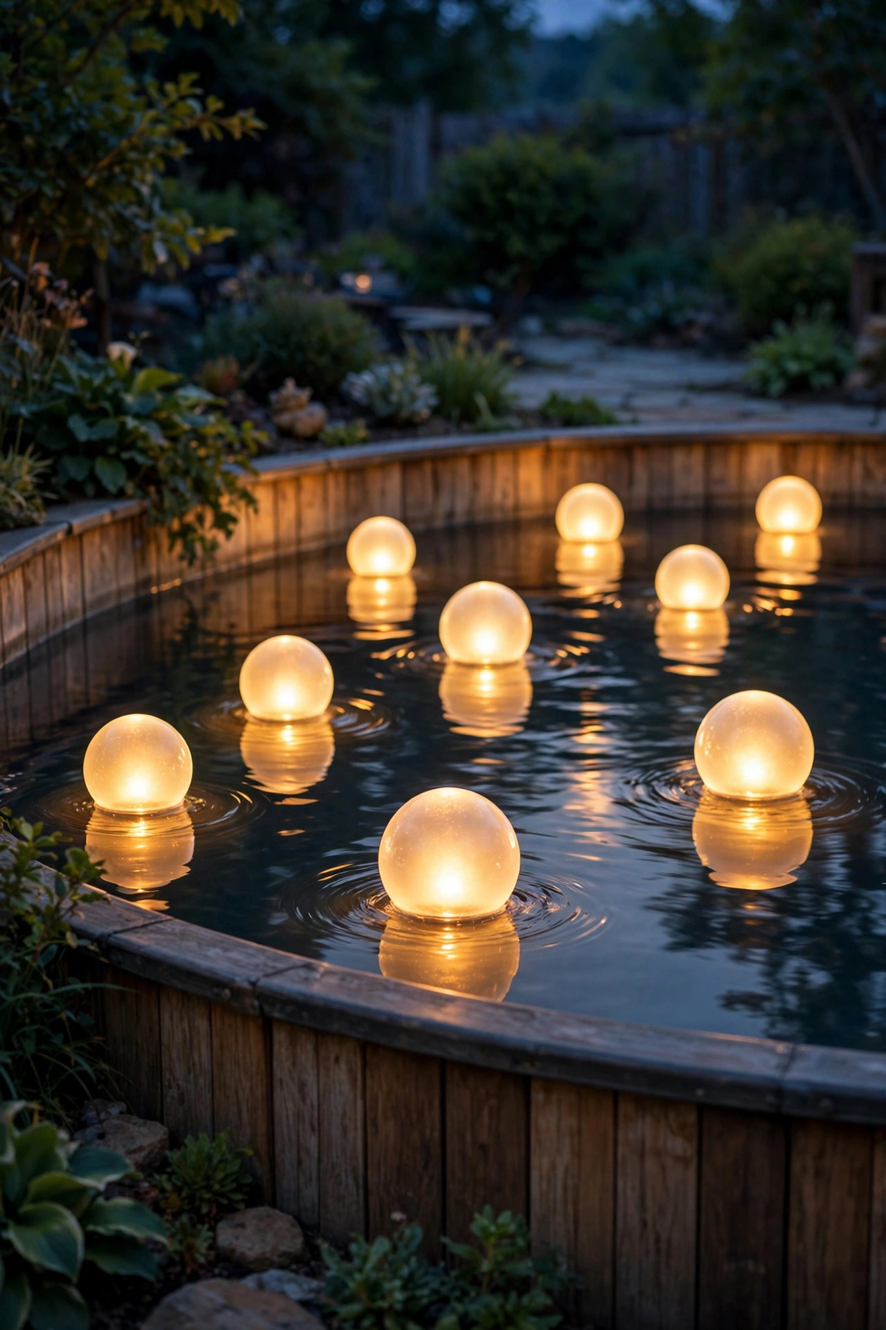 Glowing solar orb lights floating on the calm surface of an above-ground pool in the evening