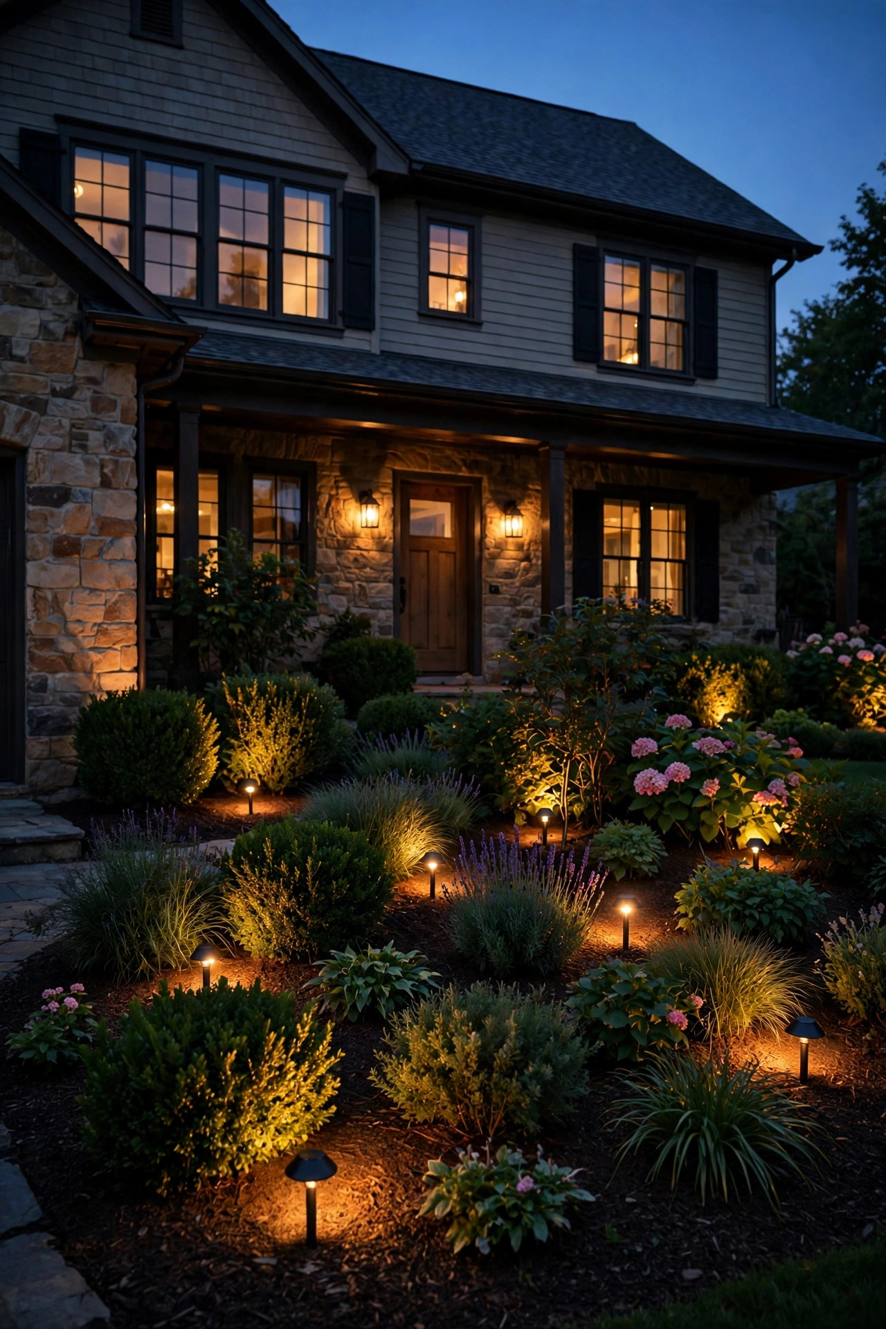 Small spotlights accenting flower beds and foundation shrubs at dusk in front of a home for sale