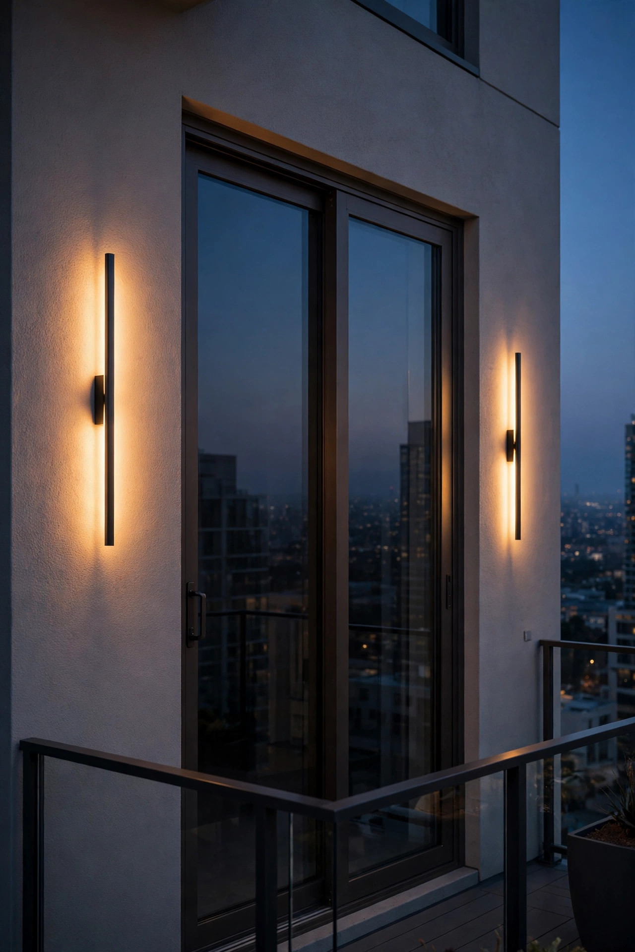 Slim wall sconces mounted flush beside a high-rise balcony sliding door, washing the wall with warm golden light at dusk