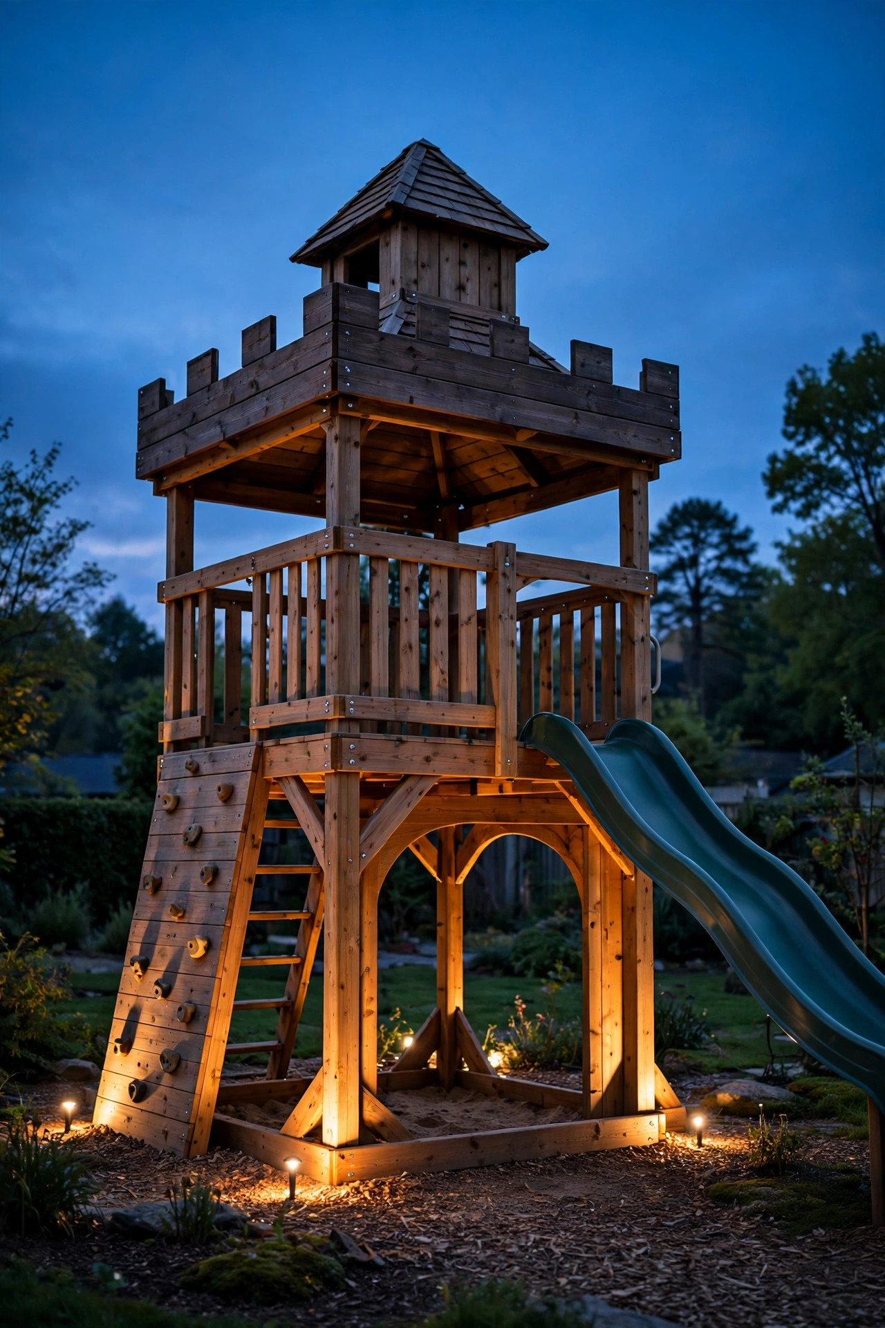 Wooden playset fort tower warmly uplit from its base against the evening sky