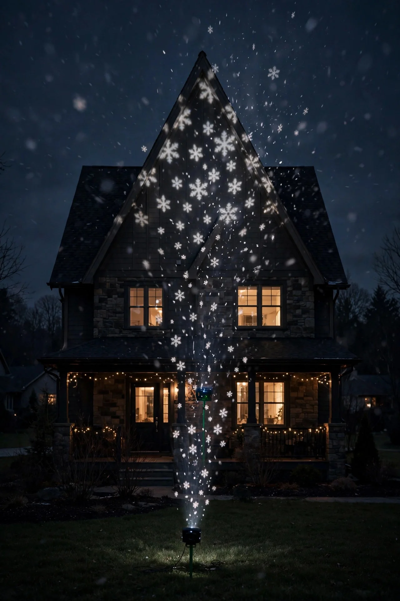A single snowfall projection accenting the gable peak of a house