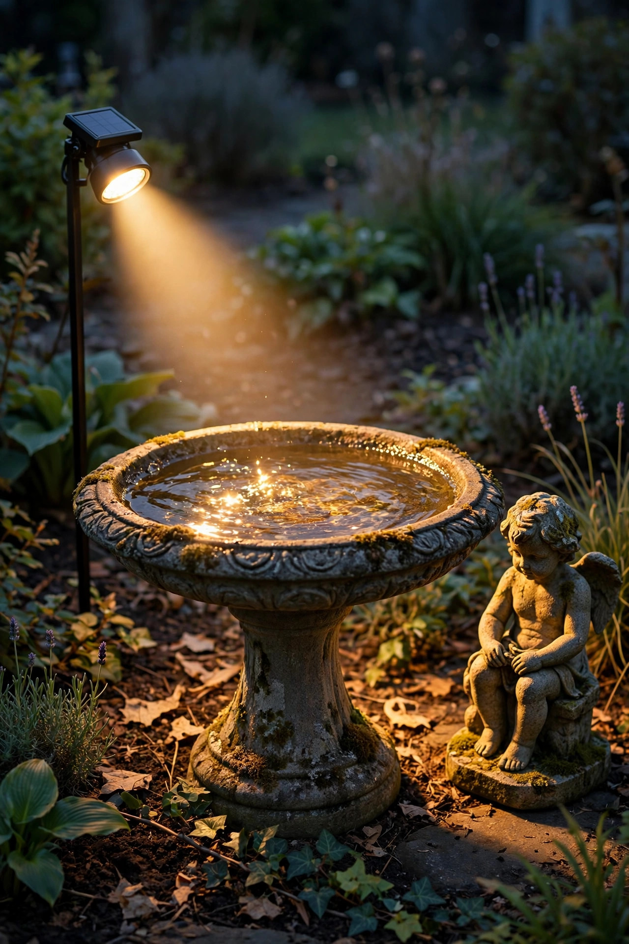 Solar spotlight illuminating a garden birdbath and statue at dusk, warm light catching the water
