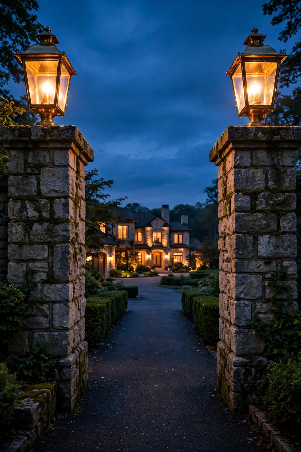 Stone gate piers topped with large glowing brass lanterns flanking an estate driveway entrance at dusk, with a warmly lit home beyond