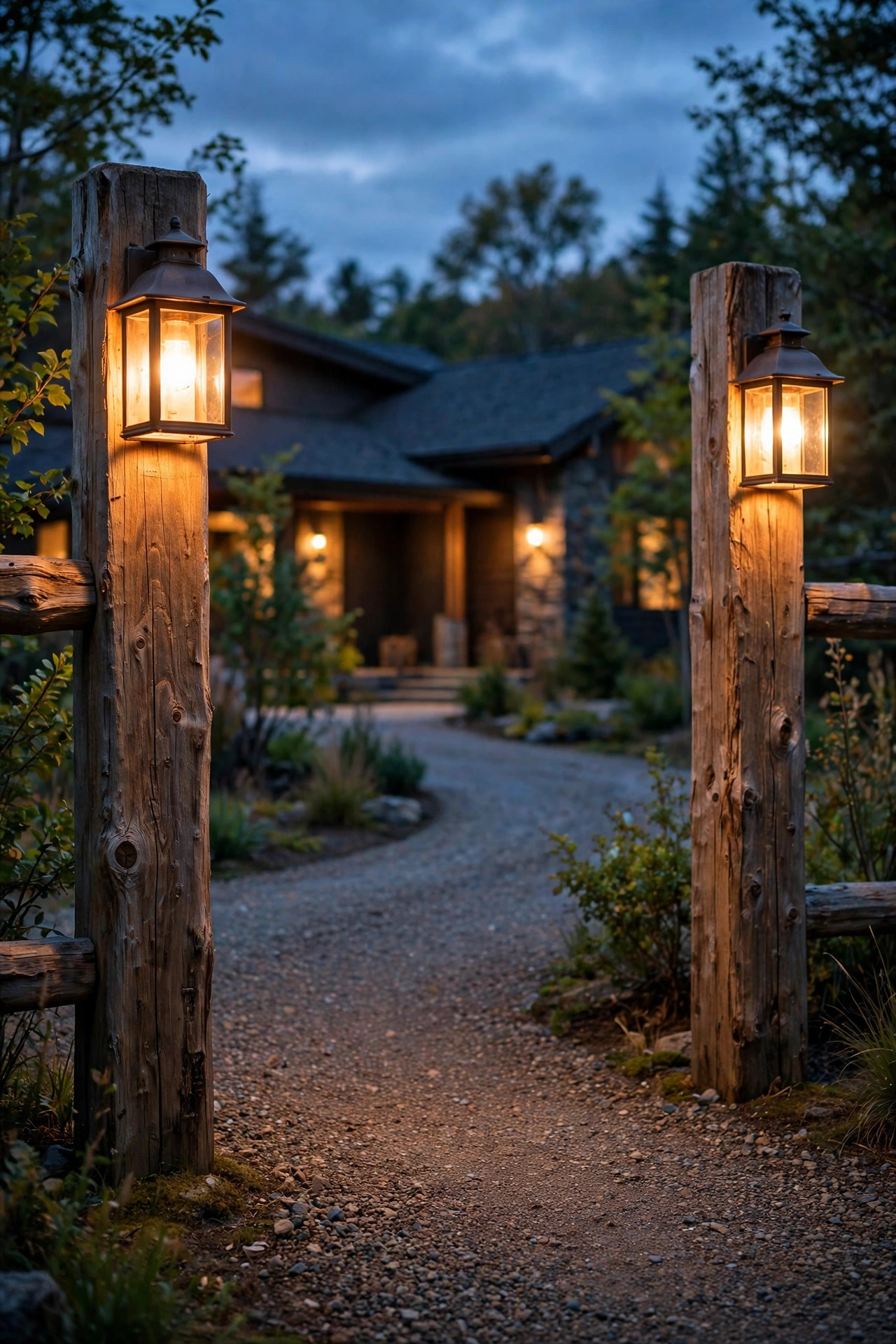 Warm lantern lights mounted on wooden gate posts marking the entrance to a gravel driveway at twilight