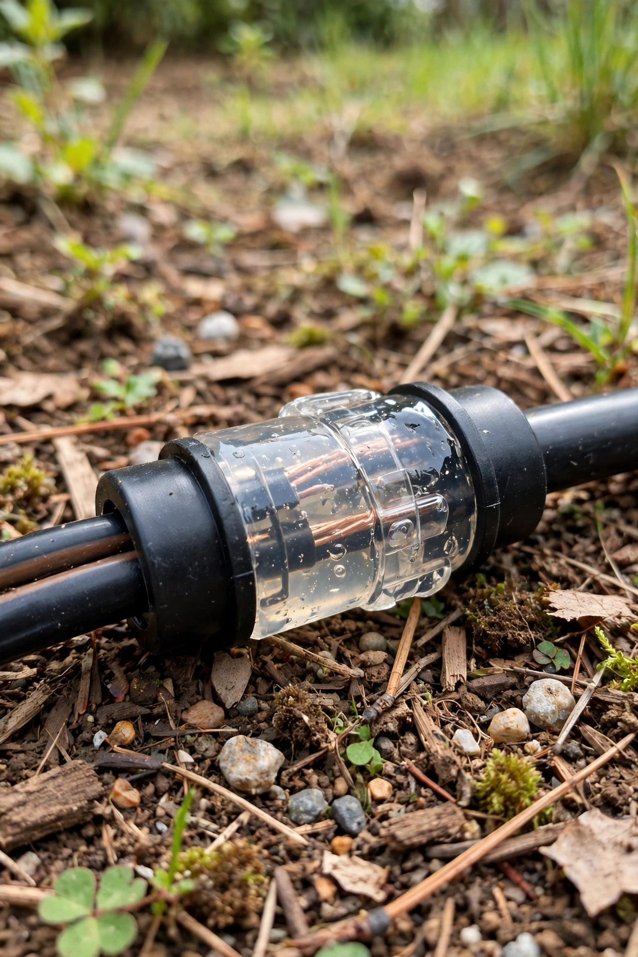 Close view of a gel-filled waterproof connector joining low-voltage landscape lighting cables
