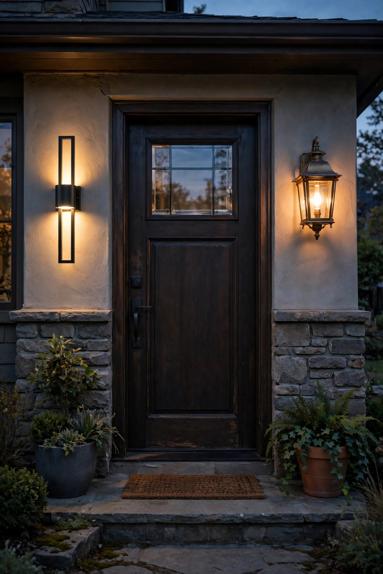 Homeowner's view of a front entry at dusk comparing two porch light styles beside the door before requesting electrician quotes