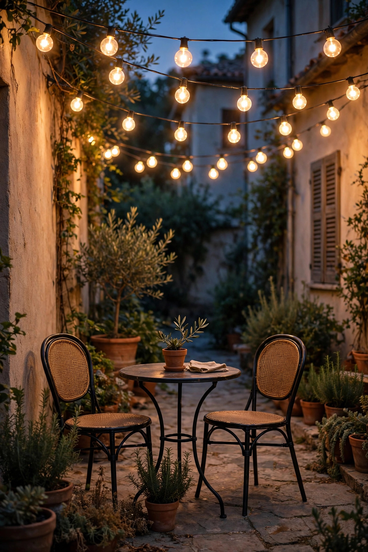 Warm globe bulb string lights glowing over a courtyard set with a bistro table and chairs
