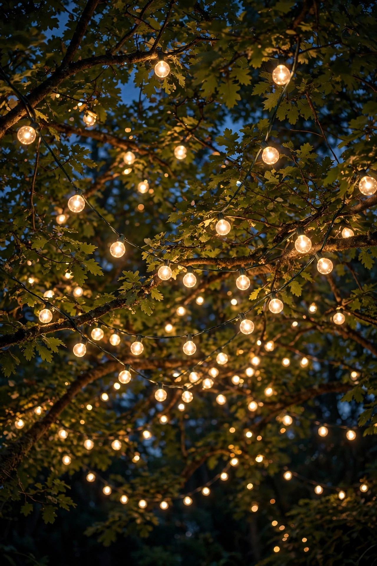 Globe string lights woven through a tree canopy glowing like stars among the leaves at night