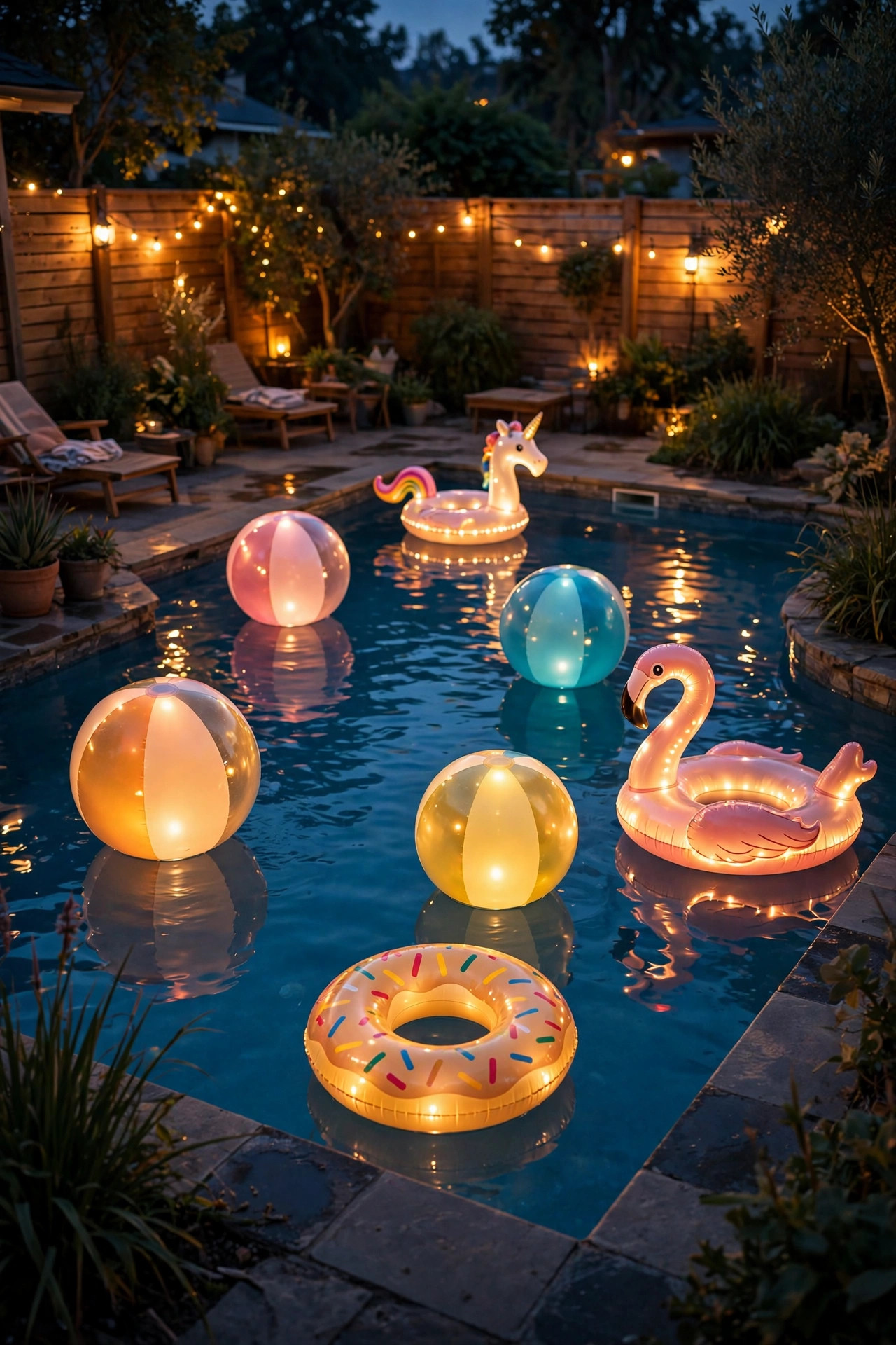 Glowing inflatable beach balls and light-up pool floats drifting on a backyard pool at night