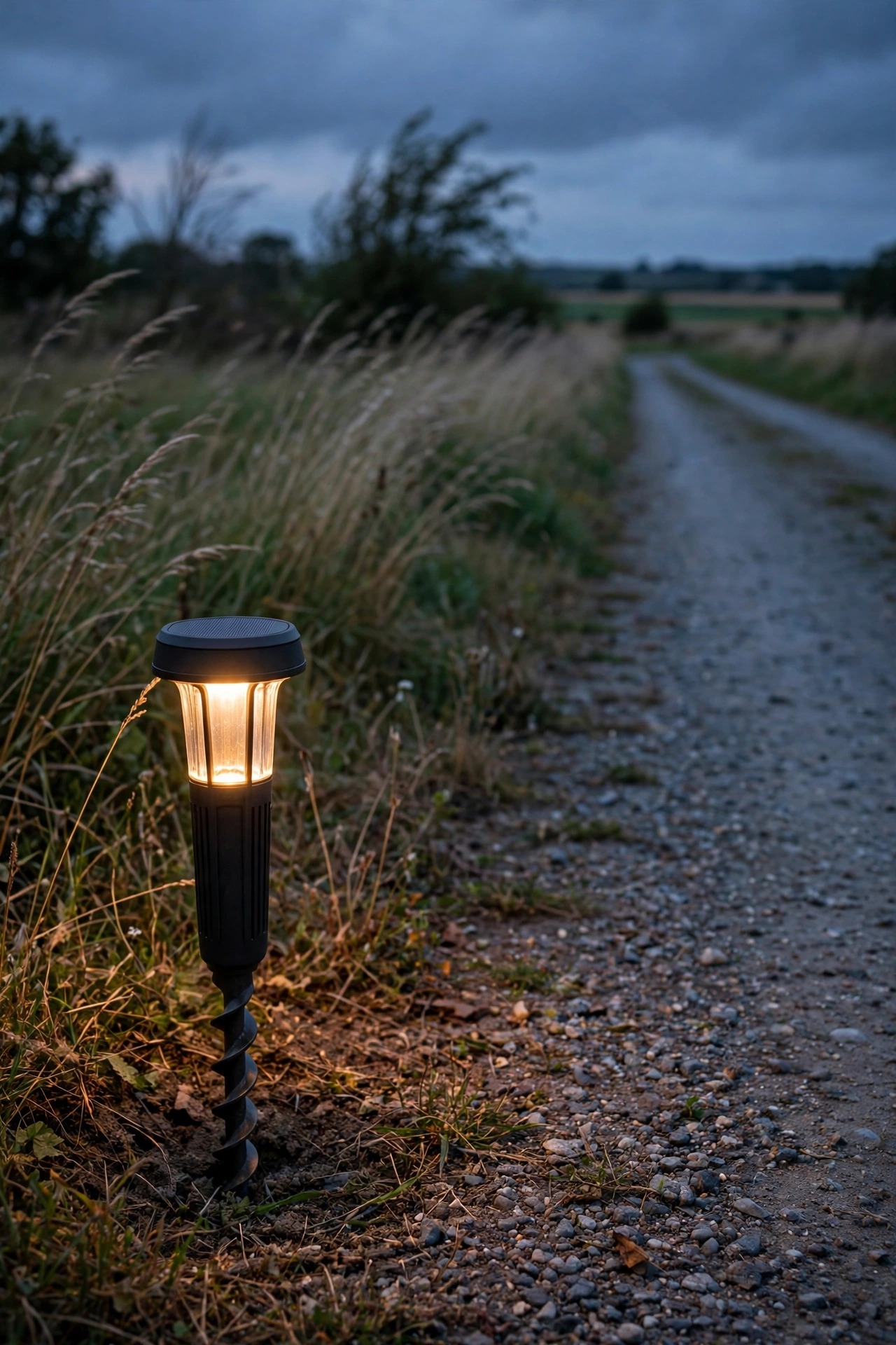 Solar driveway light on a ground-screw anchor standing straight beside an open, windswept driveway