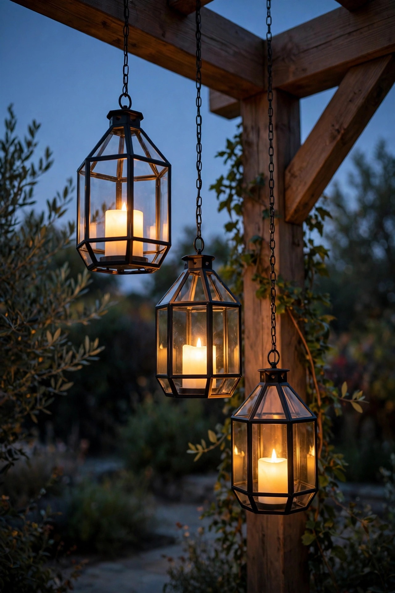 Three geometric metal lanterns with LED candles hanging at staggered heights from a pergola corner beam