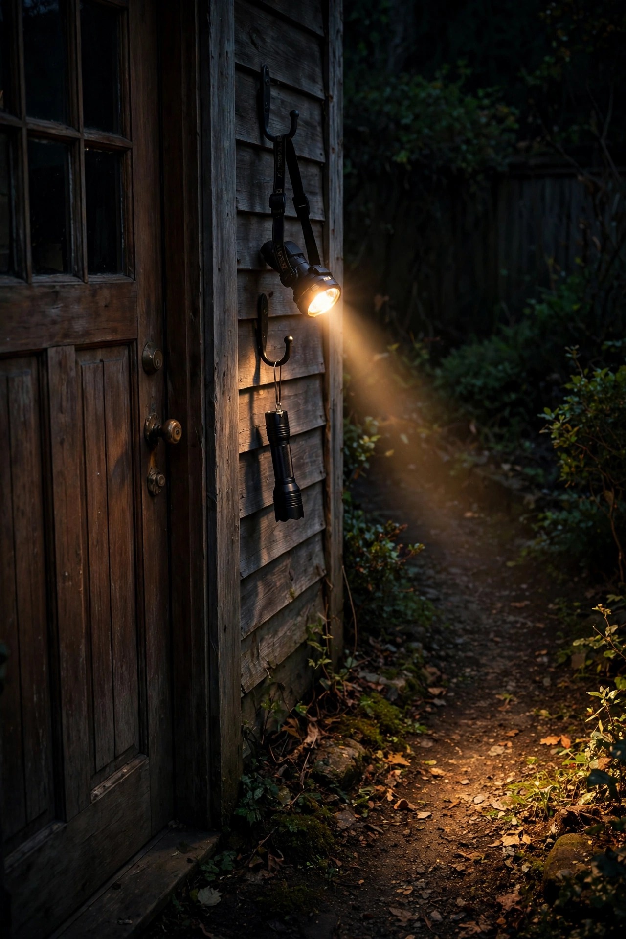 Headlamp and flashlight hanging on hooks beside a back door at night, beam of warm light aimed down a dark garden path