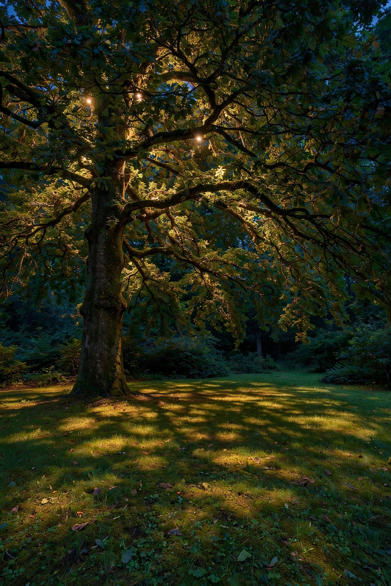 Tall mature tree canopy at night with hidden high downlights filtering warm light through leaves creating dappled moonlight shadows on the lawn