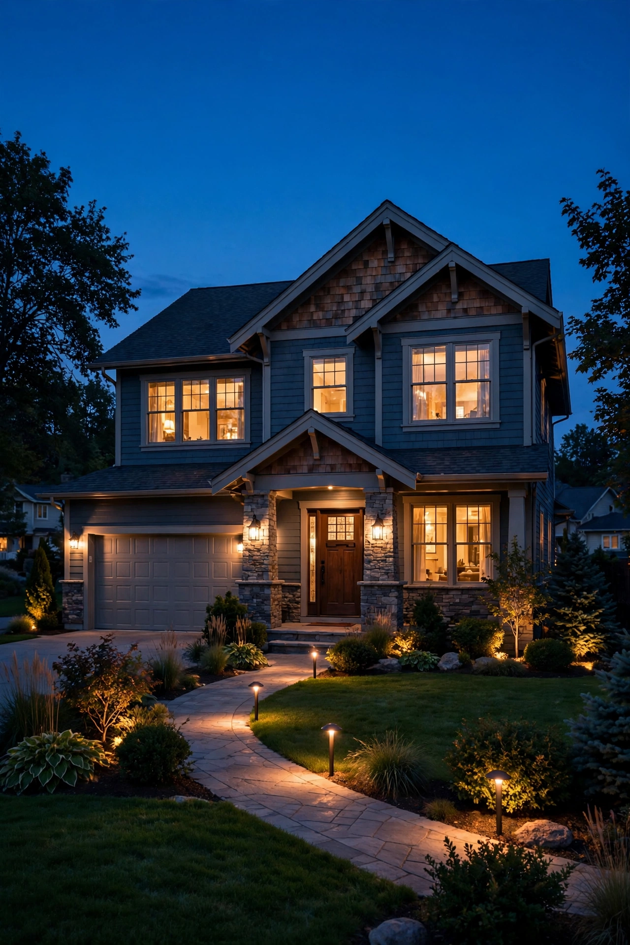 Suburban home glowing with layered evening lighting scenes, warm entry light and path lights at blue hour